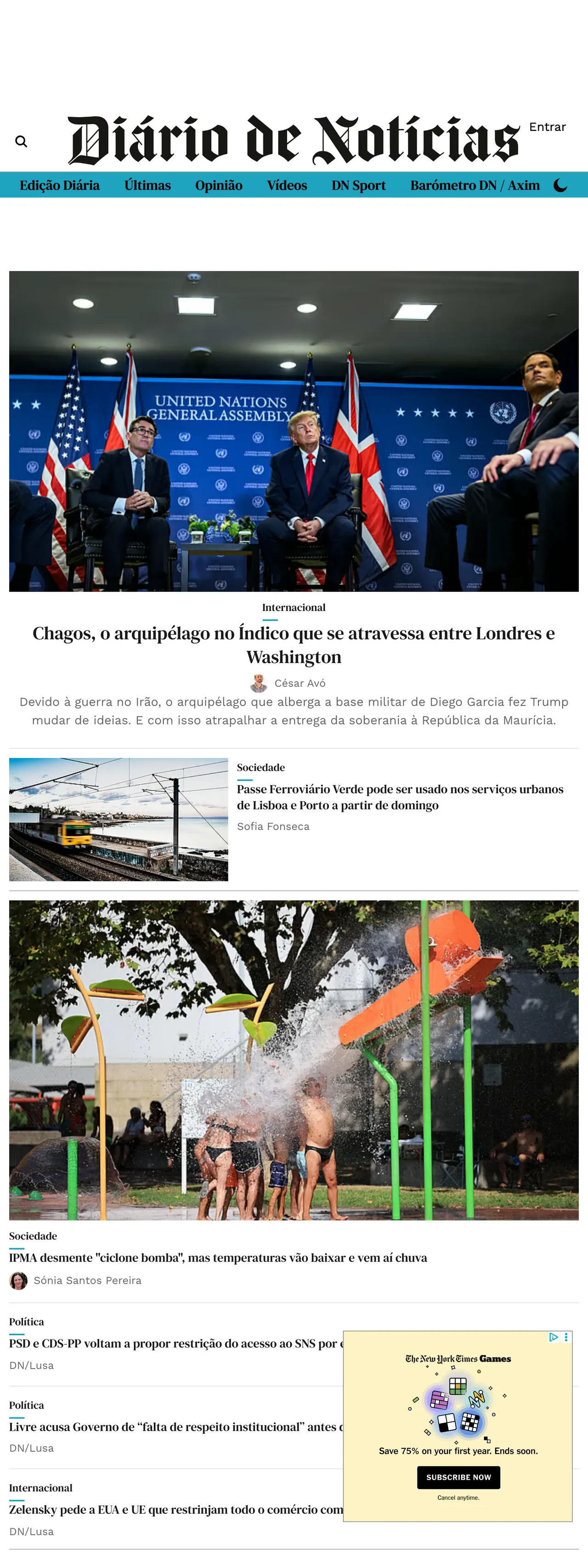 Screenshot of the Diário de Notícias front page