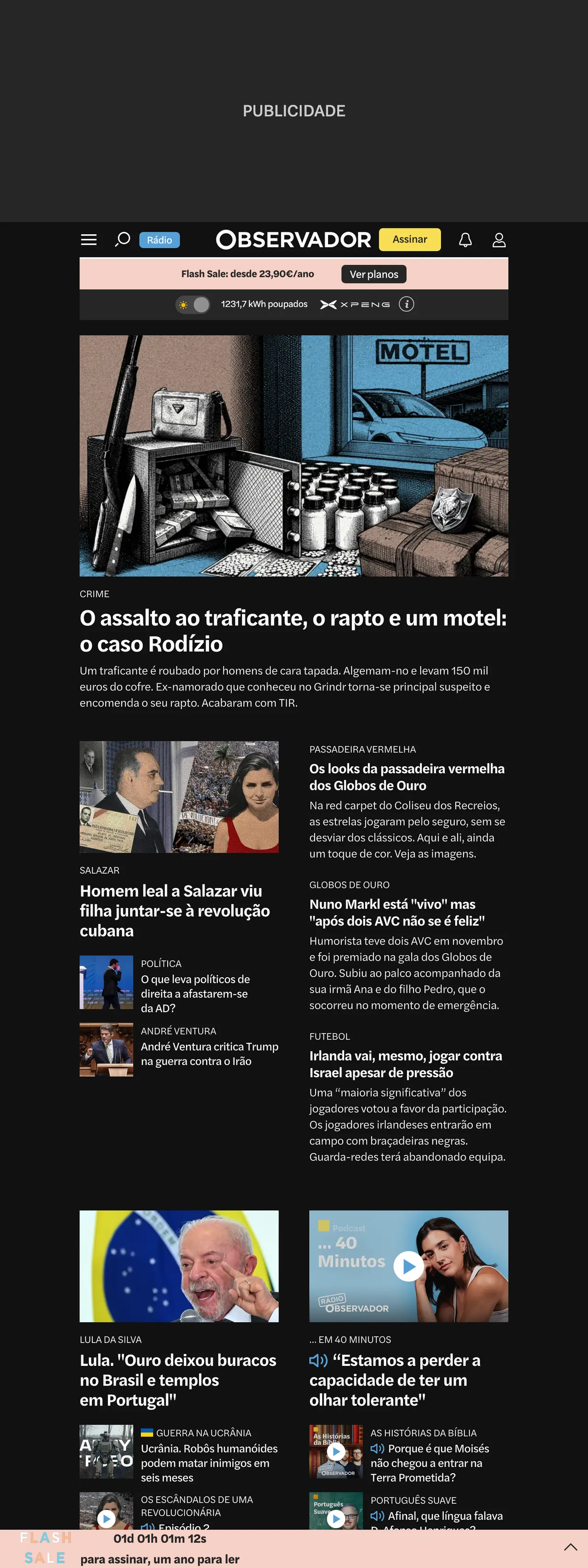 Screenshot of the Observador front page