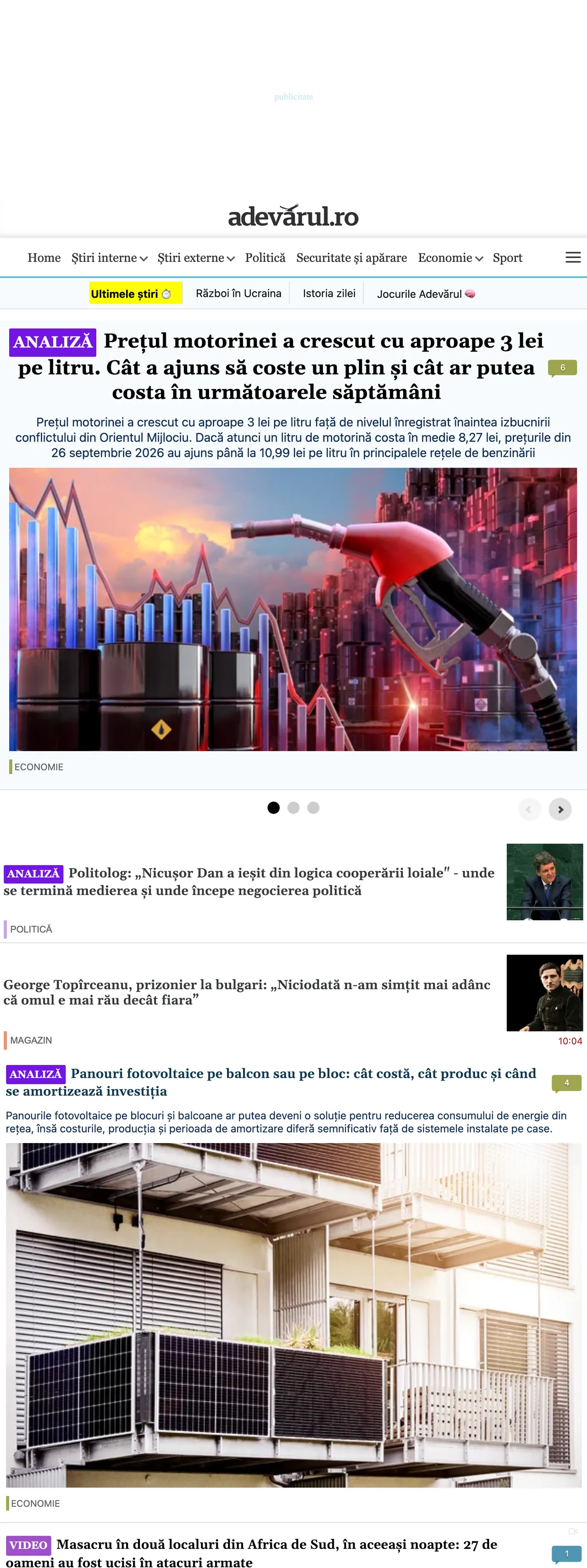 Screenshot of the Adevărul front page