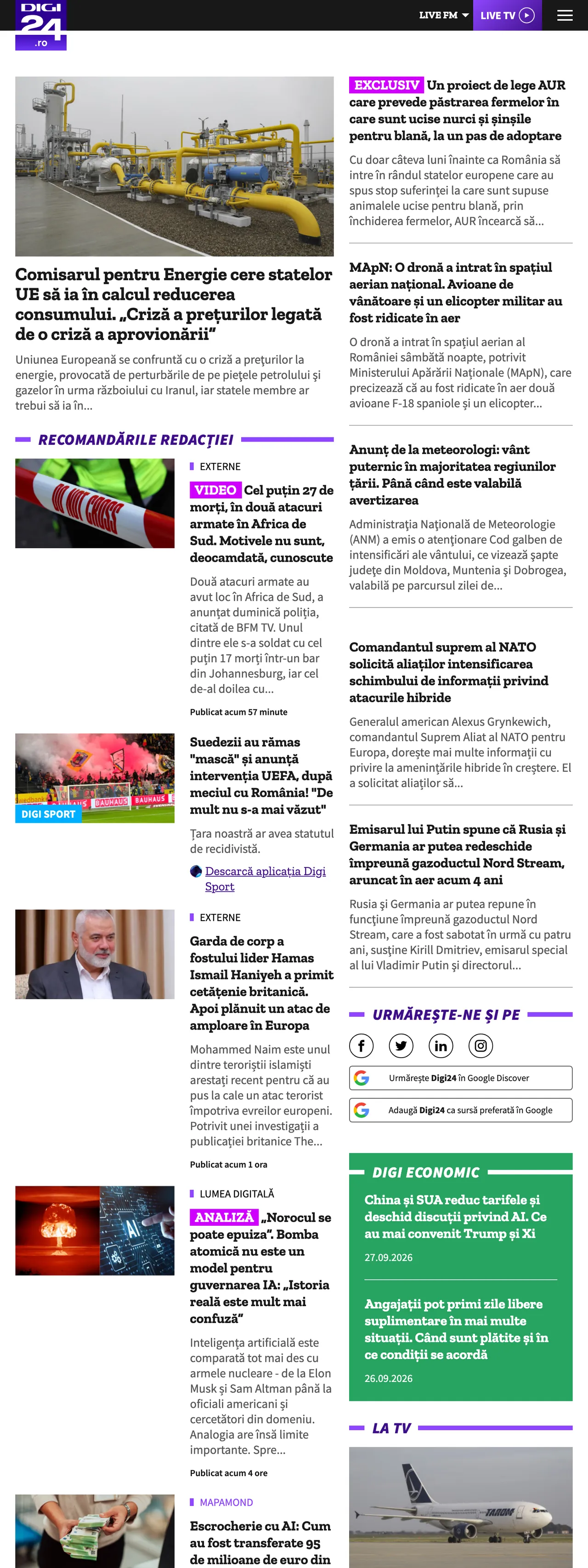 Screenshot of the Digi24 front page