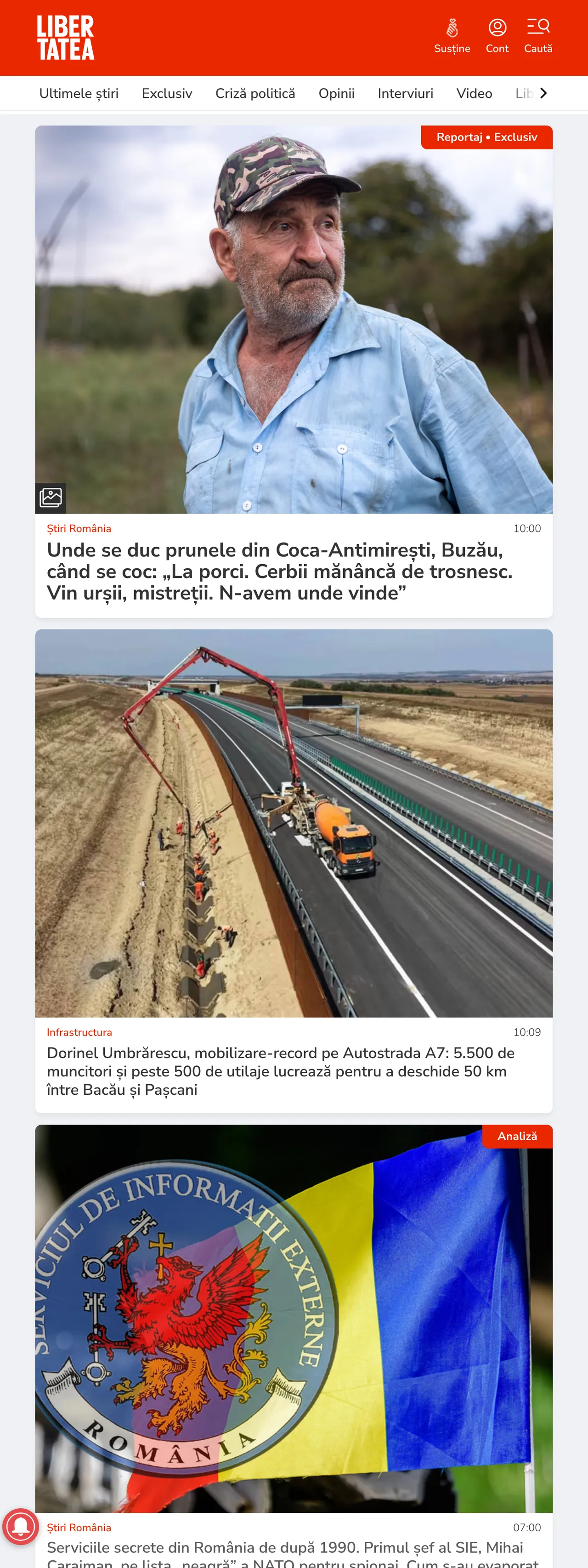 Screenshot of the Libertatea front page