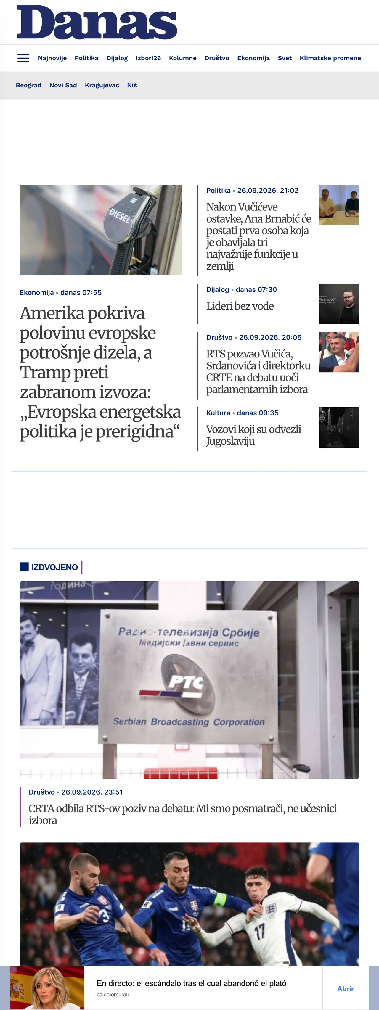 Screenshot of the Danas front page