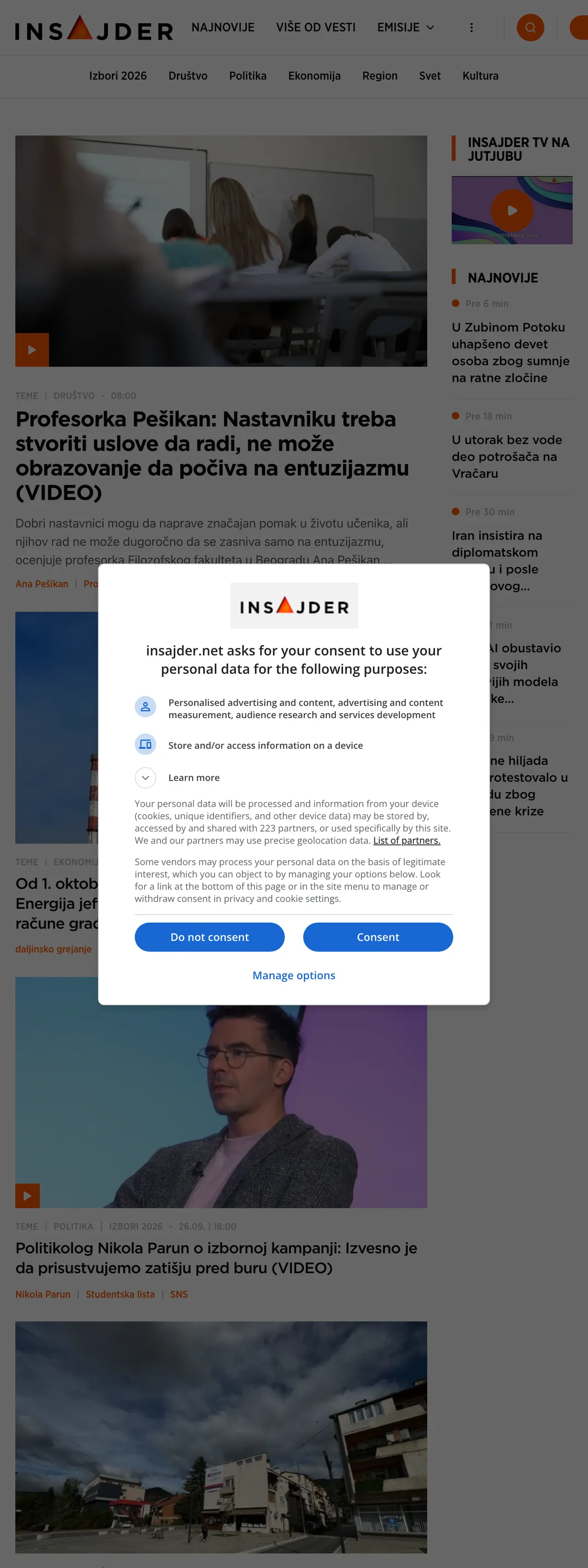 Screenshot of the Insajder front page