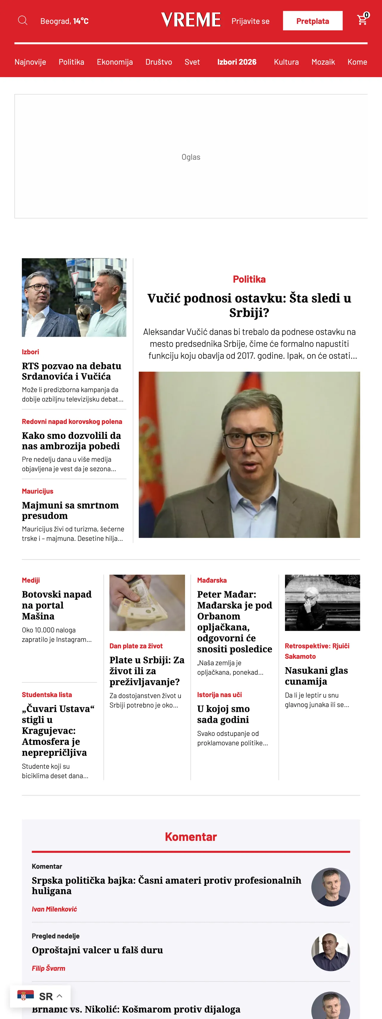 Screenshot of the Vreme front page