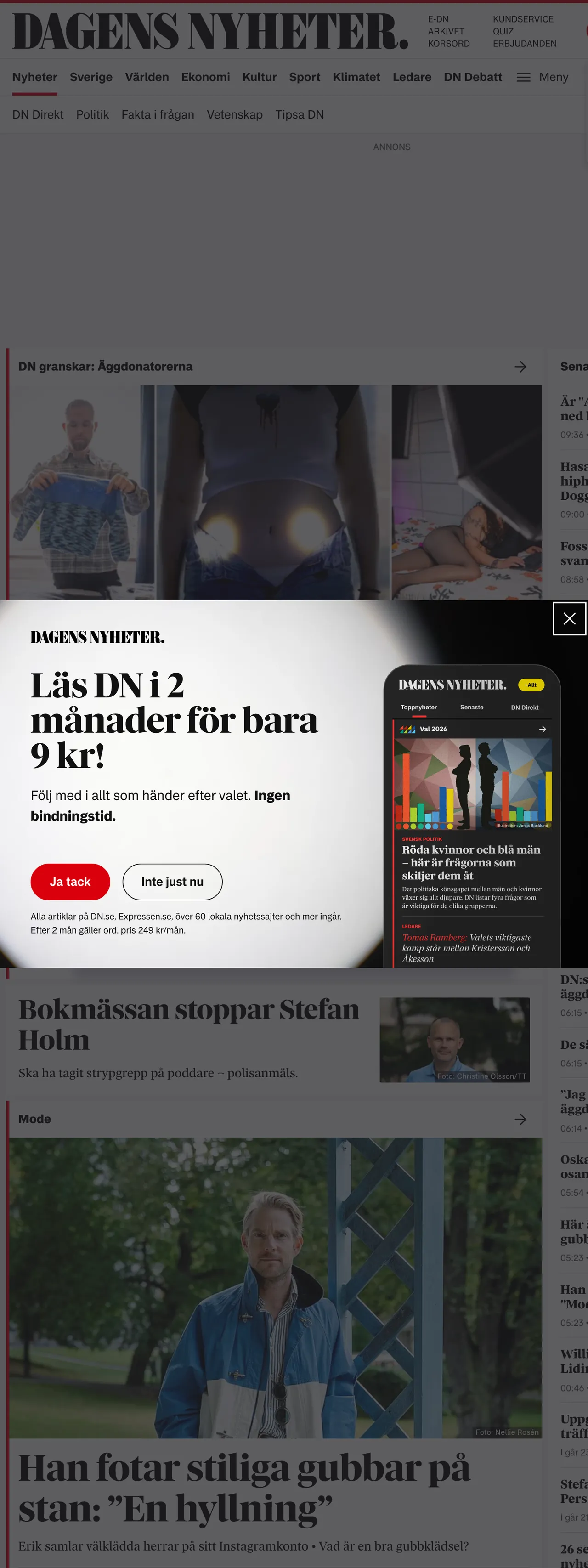 Screenshot of the Dagens Nyheter front page