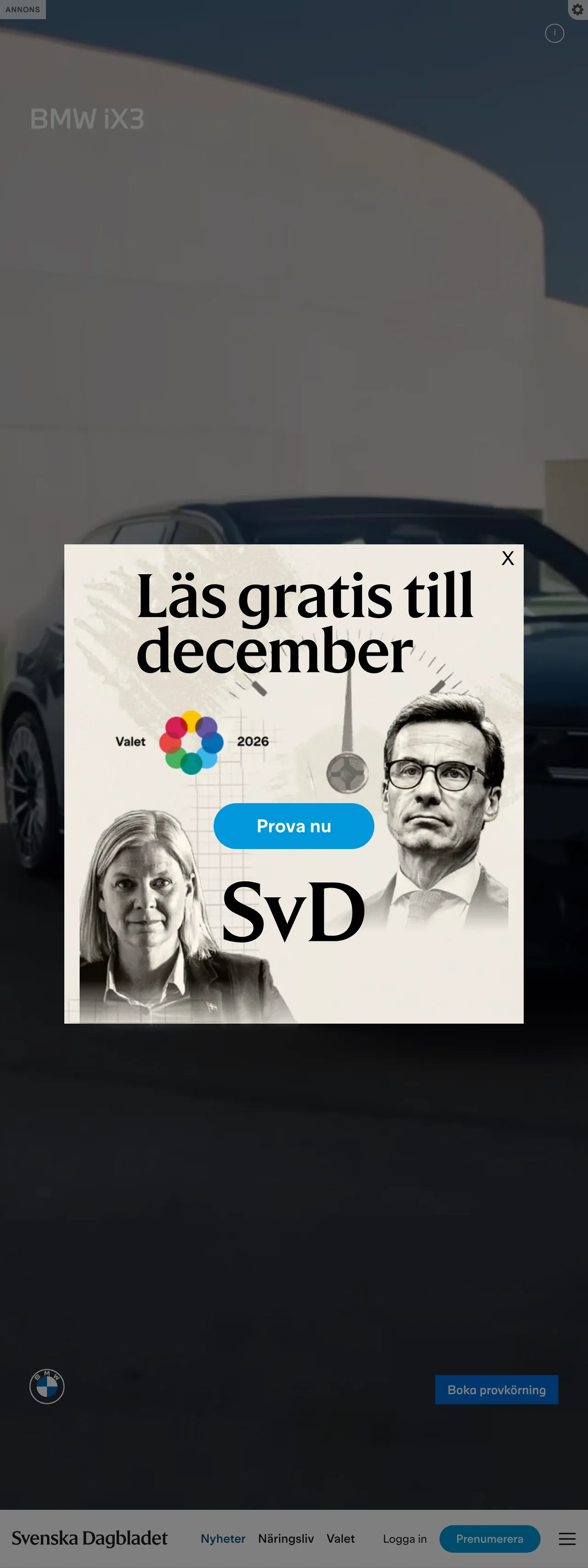 Screenshot of the Svenska Dagbladet front page