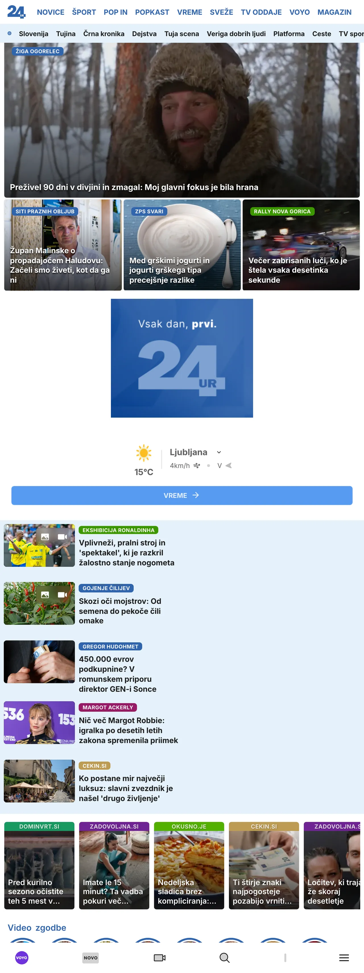 Screenshot of the 24ur front page