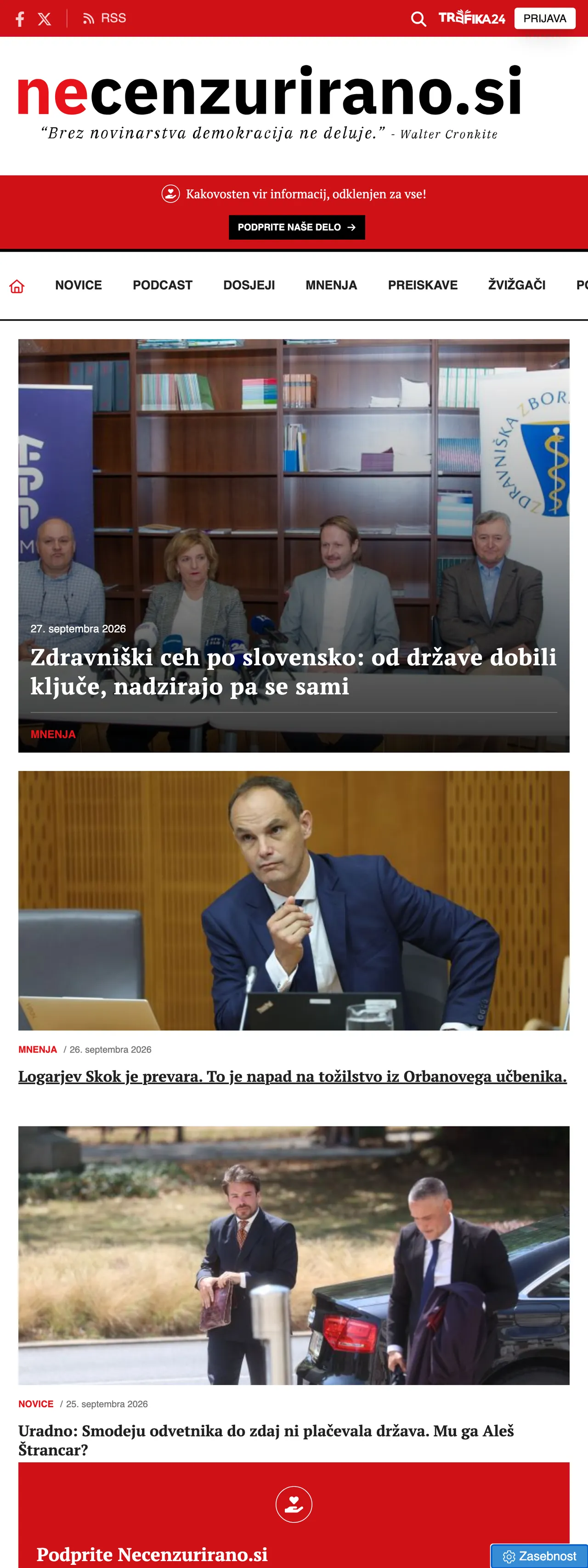 Screenshot of the Necenzurirano front page