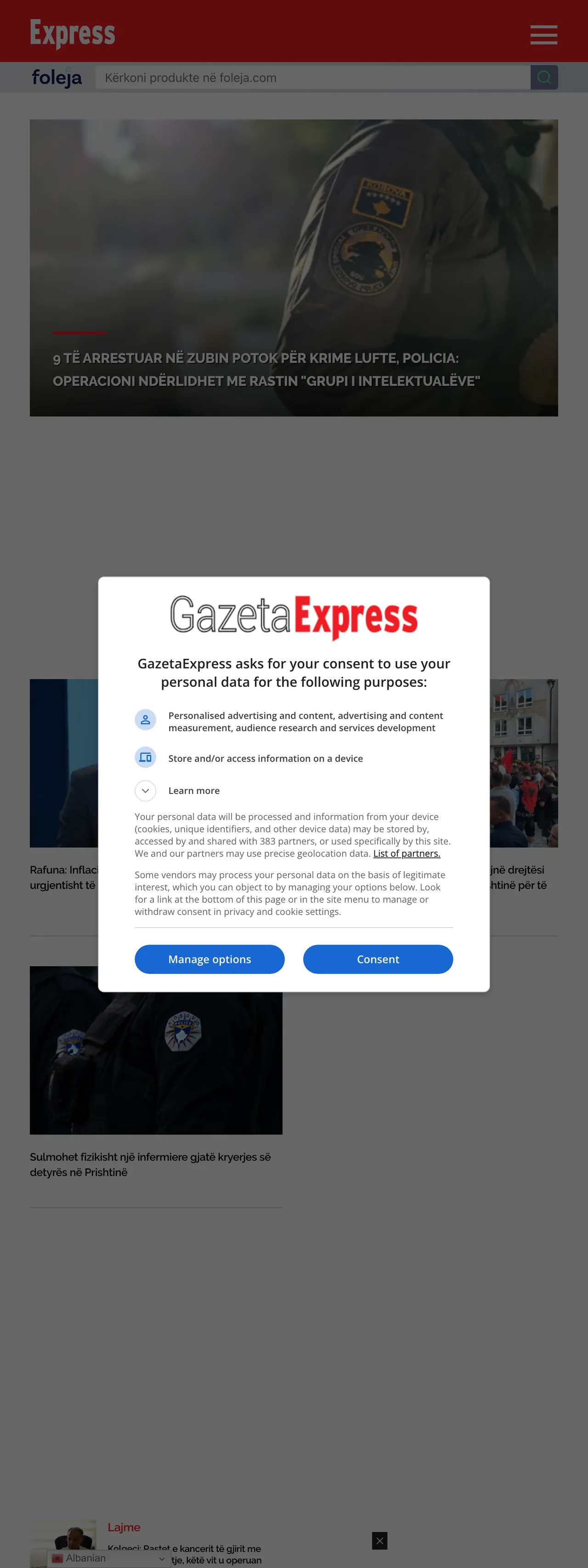 Screenshot of the Gazeta Express front page