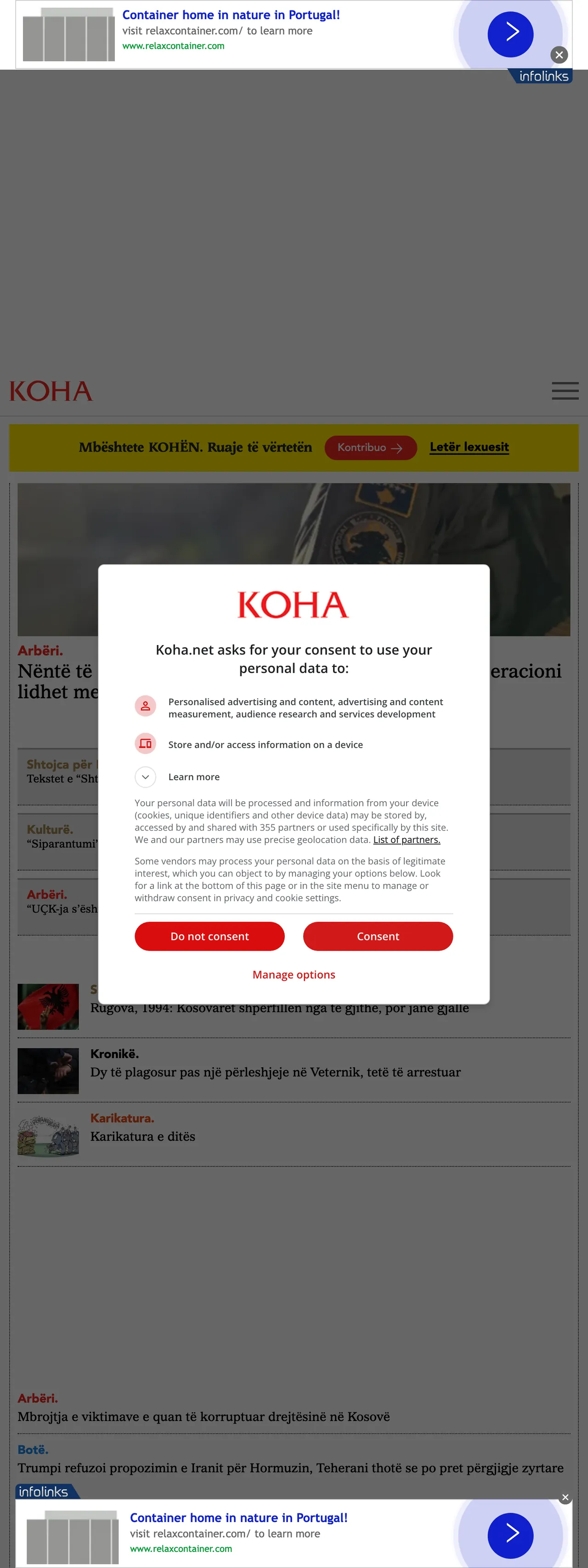 Screenshot of the Koha Ditore front page