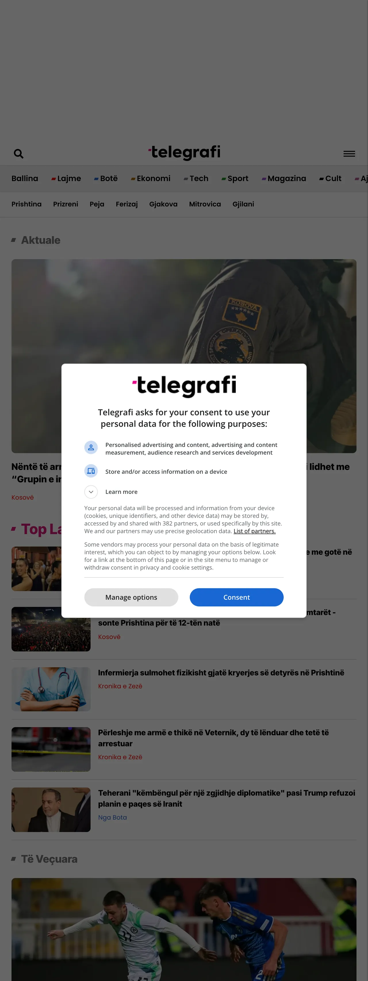 Screenshot of the Telegrafi front page