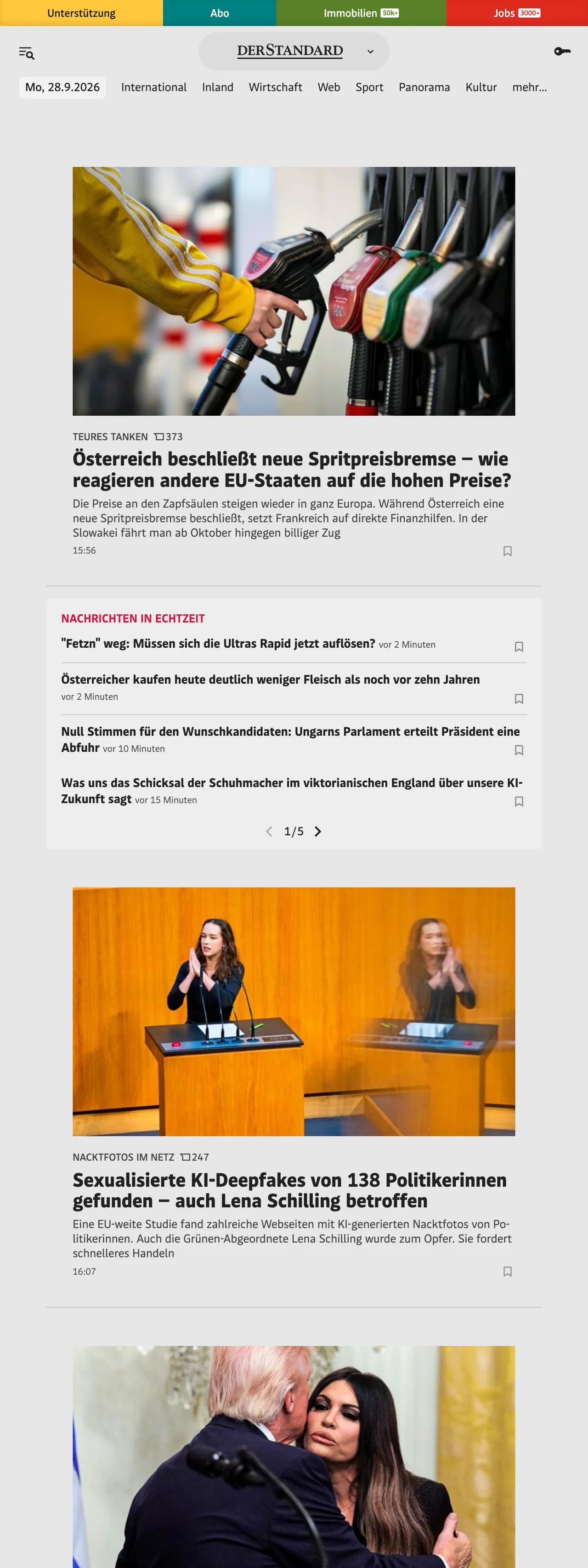 Screenshot of the DER STANDARD front page