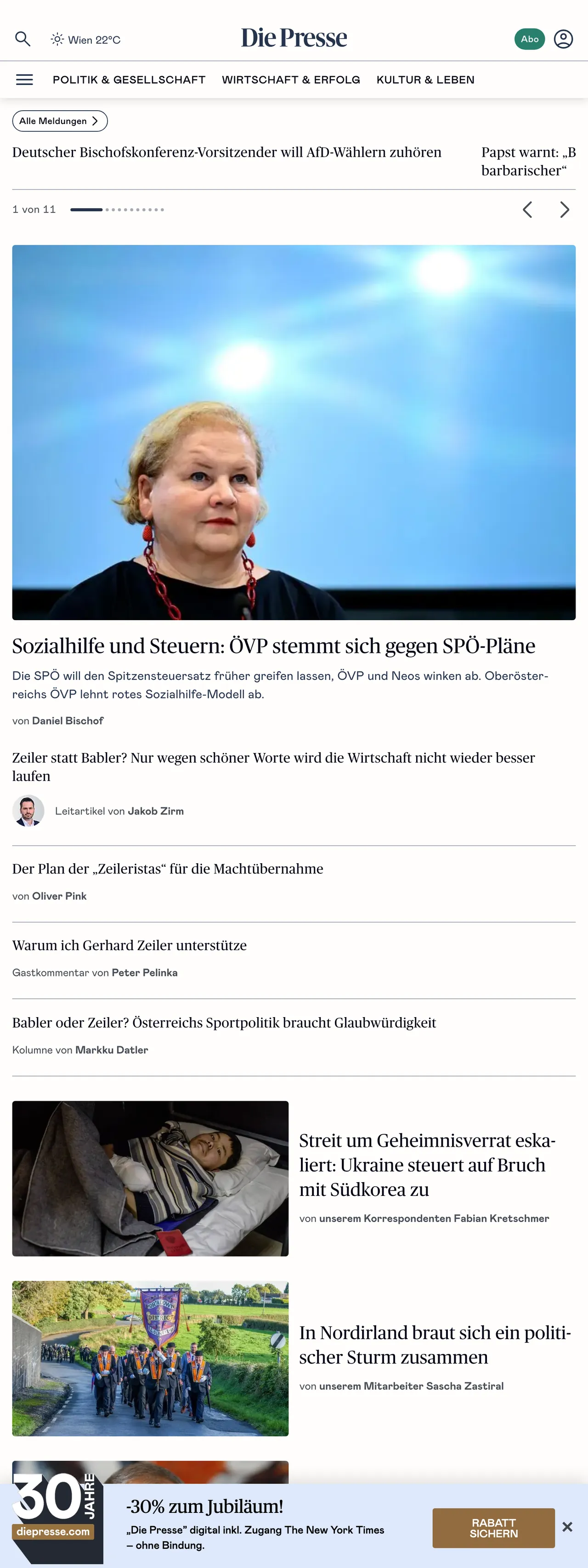 Screenshot of the Die Presse front page