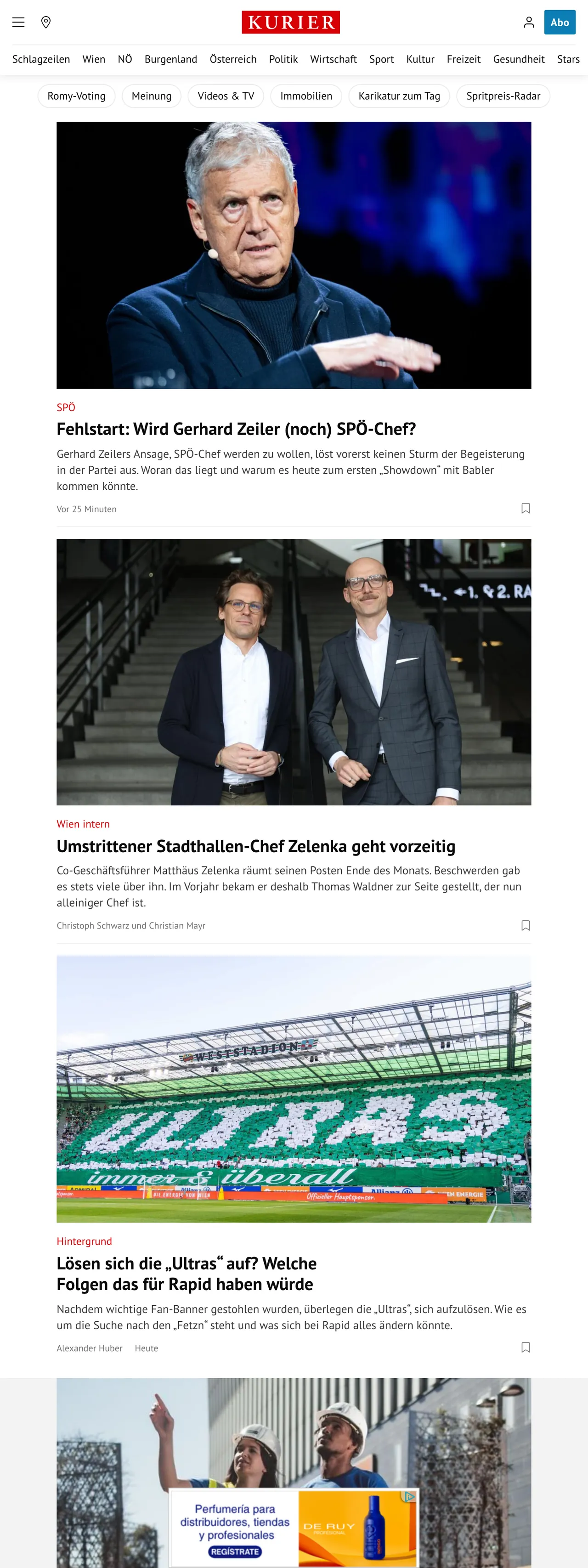 Screenshot of the Kurier front page