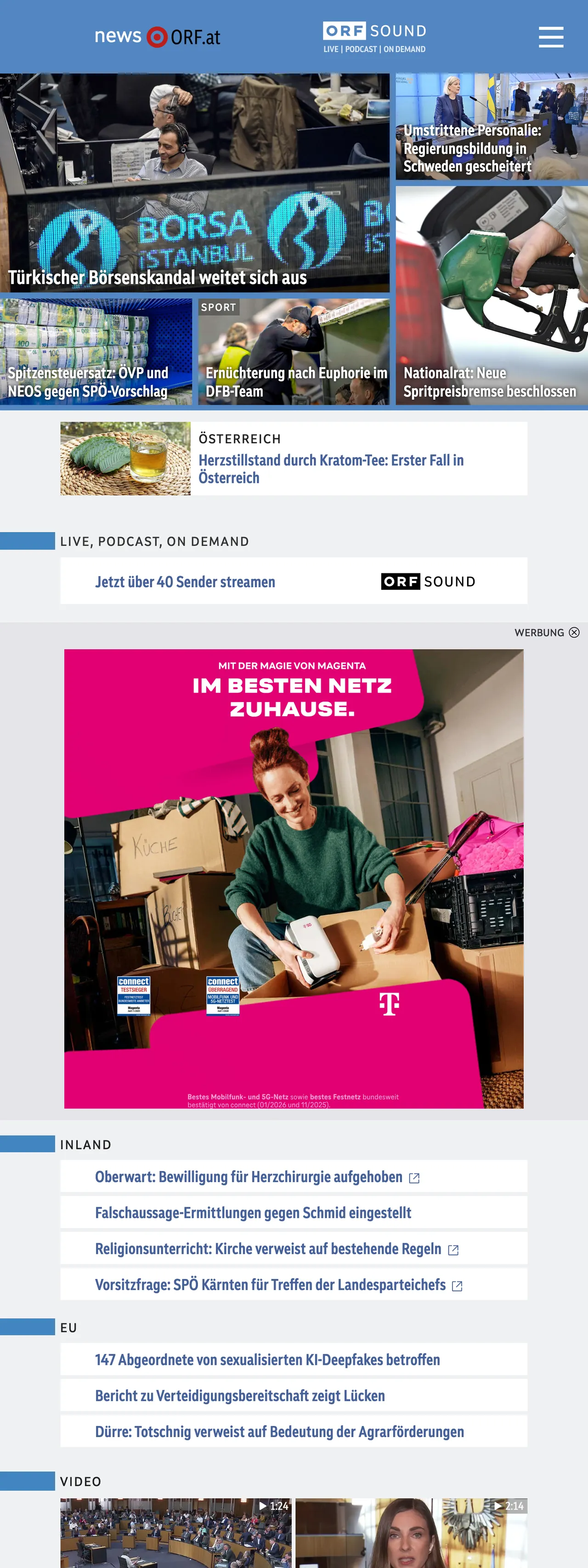 Screenshot of the ORF front page