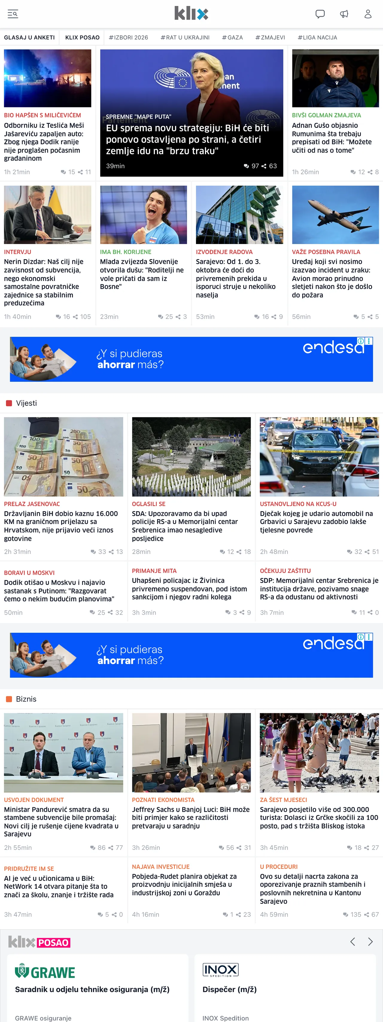 Screenshot of the Klix.ba front page