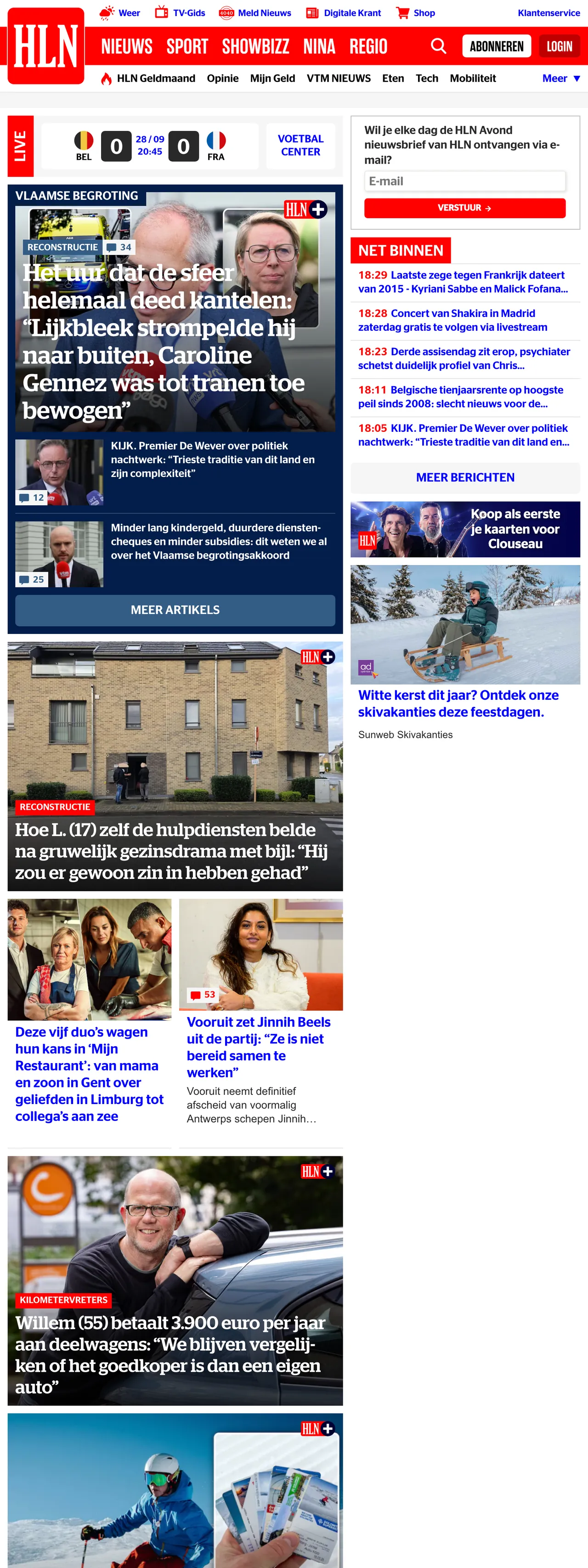 Screenshot of the HLN front page