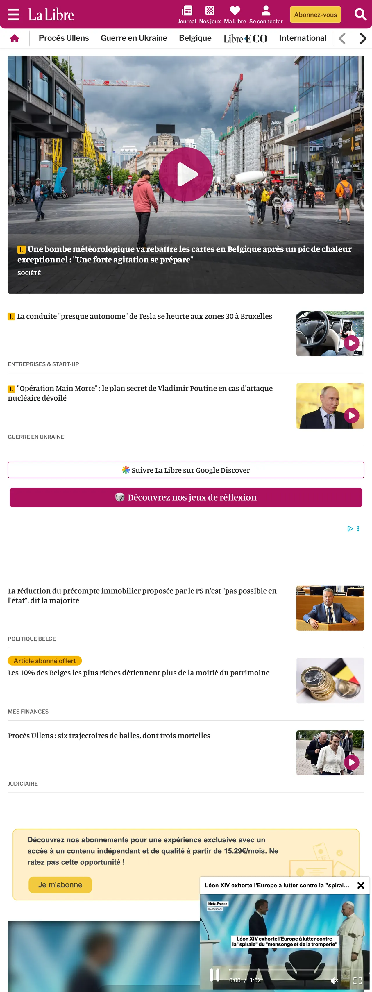 Screenshot of the La Libre front page