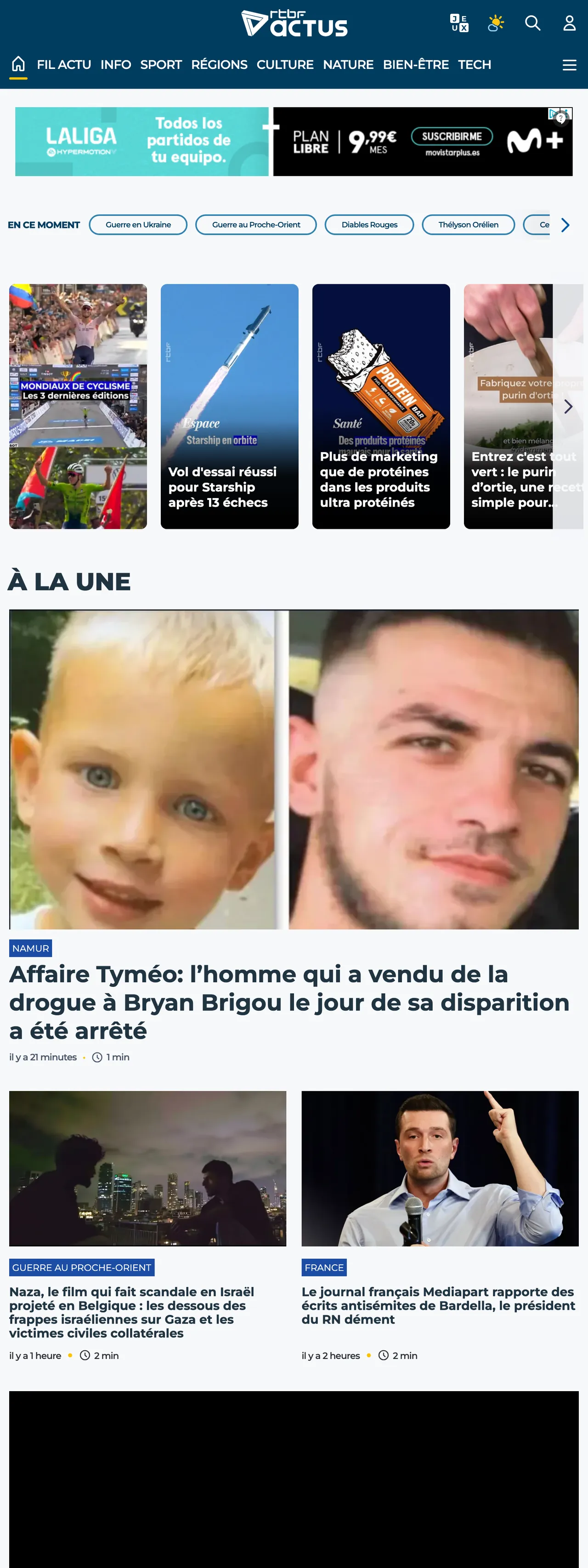 Screenshot of the RTBF front page