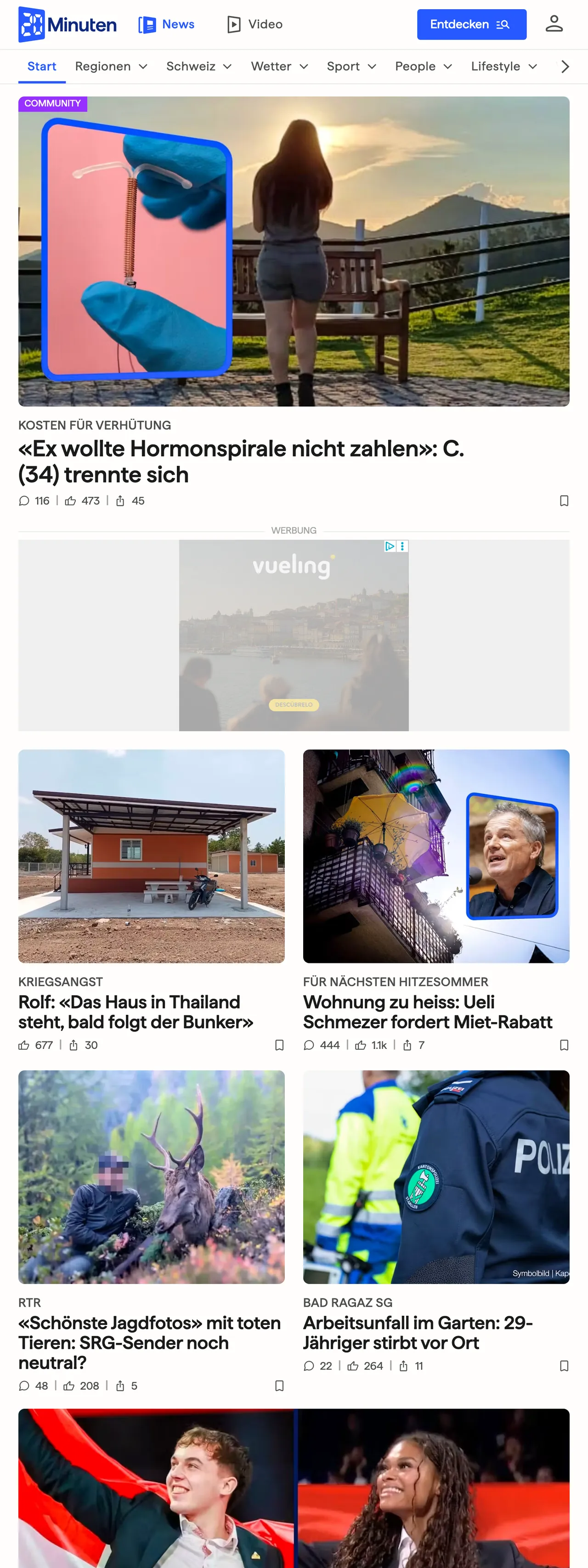 Screenshot of the 20 Minuten front page