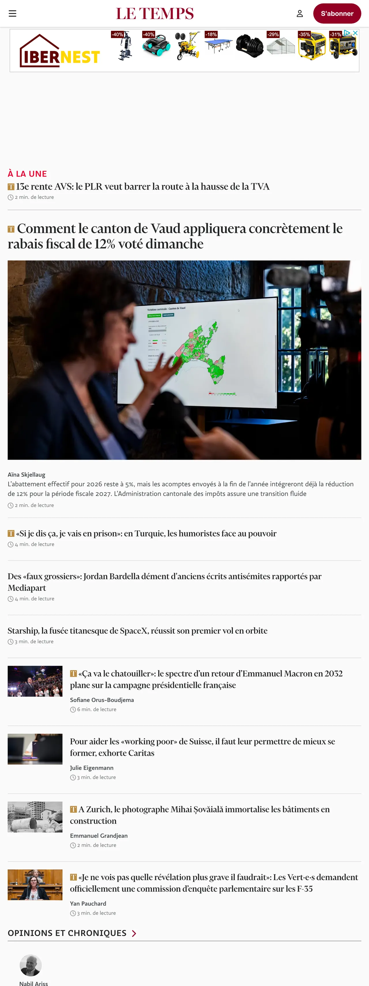 Screenshot of the Le Temps front page