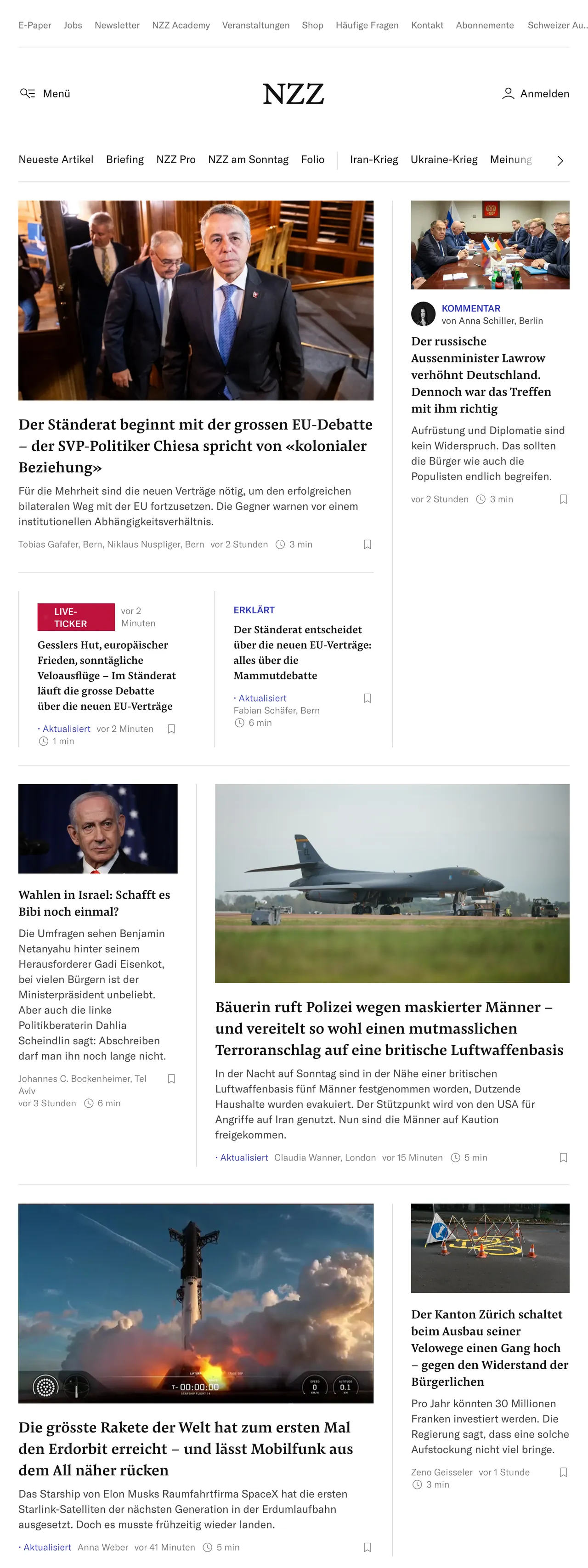 Screenshot of the Neue Zürcher Zeitung front page