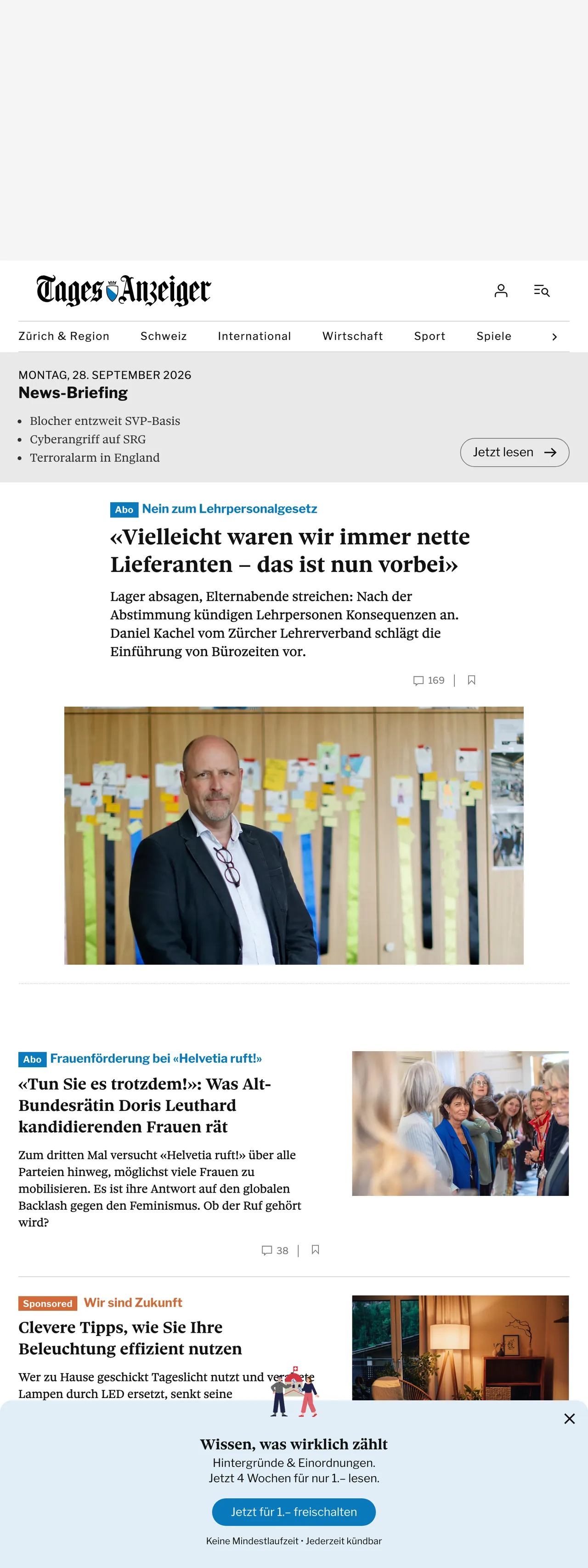 Screenshot of the Tages-Anzeiger front page