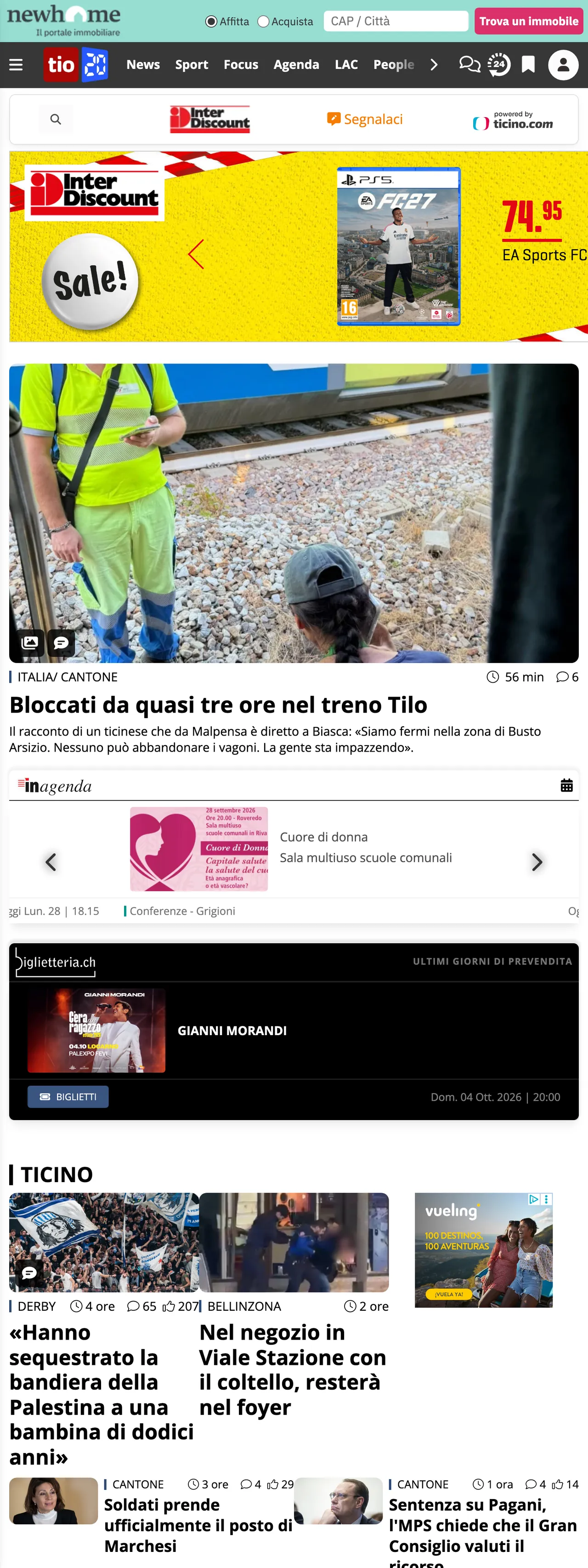 Screenshot of the Ticinonline front page