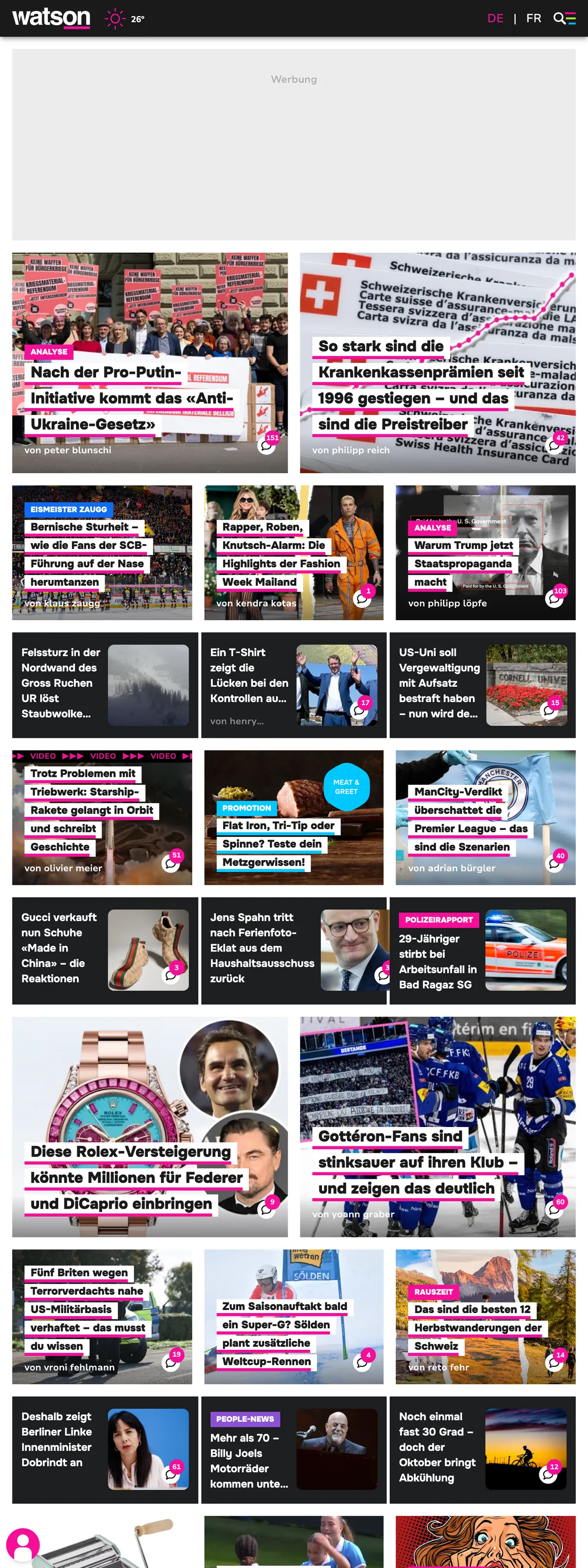 Screenshot of the watson front page
