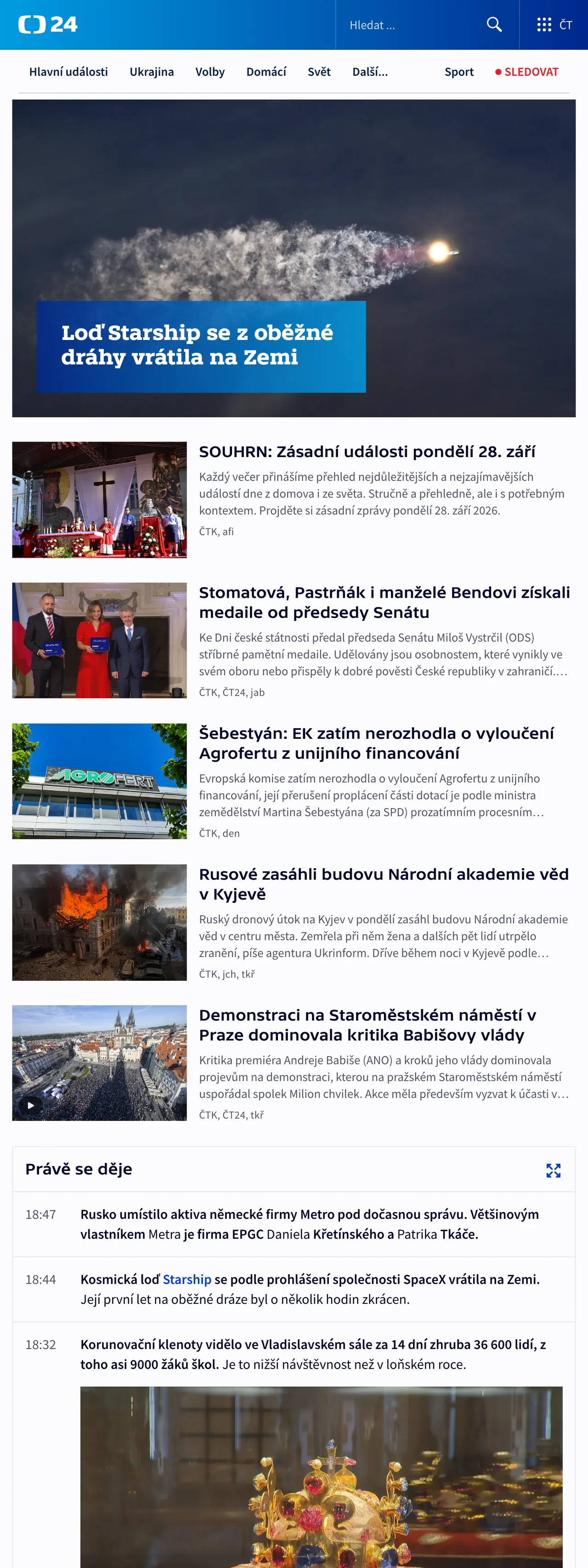 Screenshot of the ČT24 front page