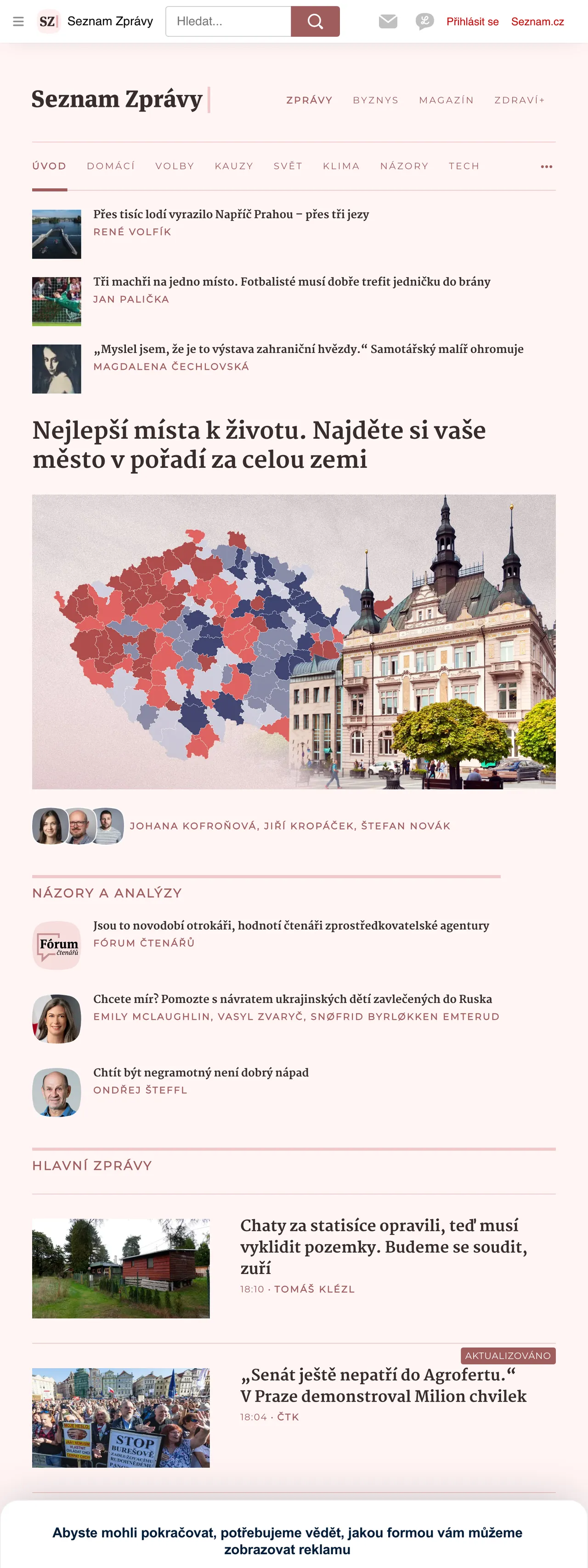 Screenshot of the Seznam Zprávy front page