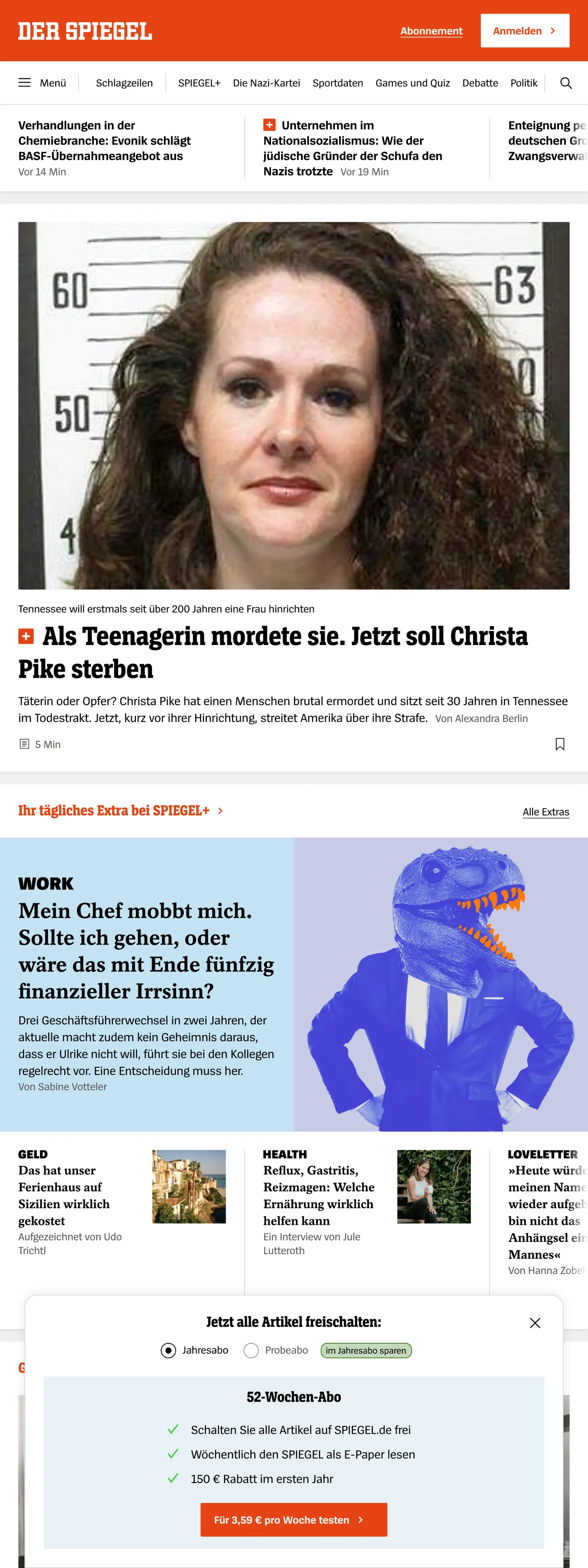 Screenshot of the DER SPIEGEL front page