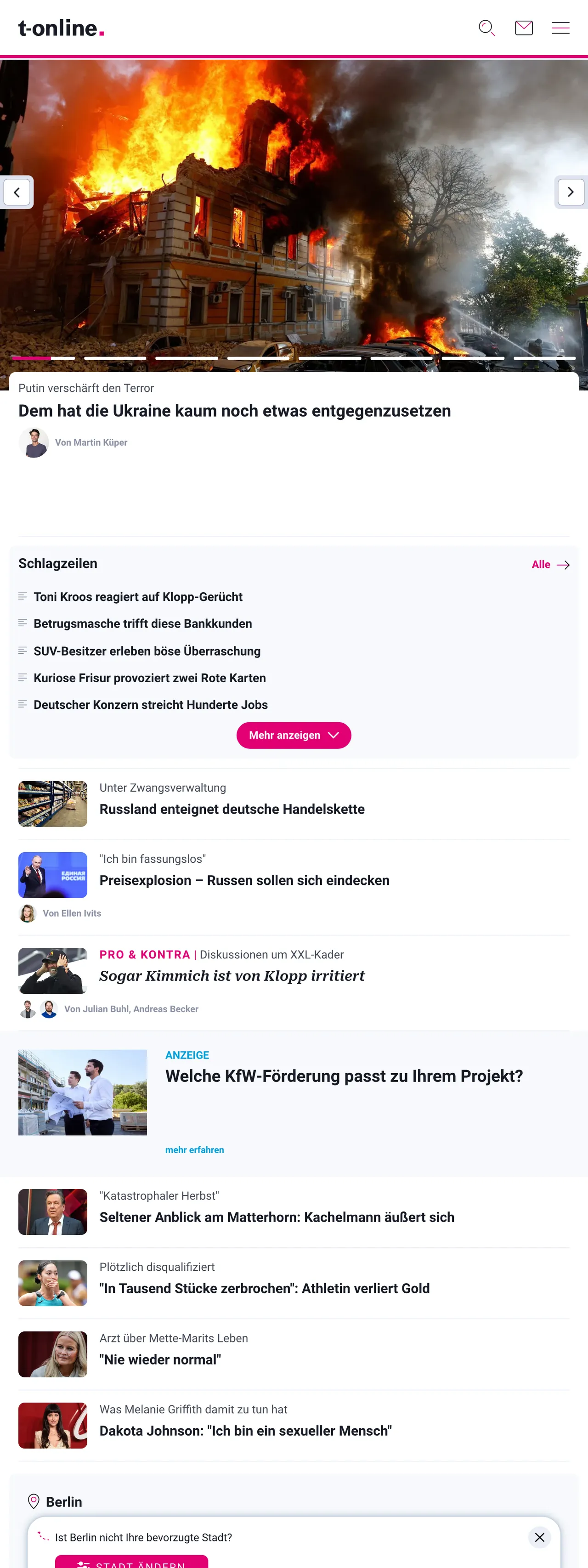 Screenshot of the t-online front page