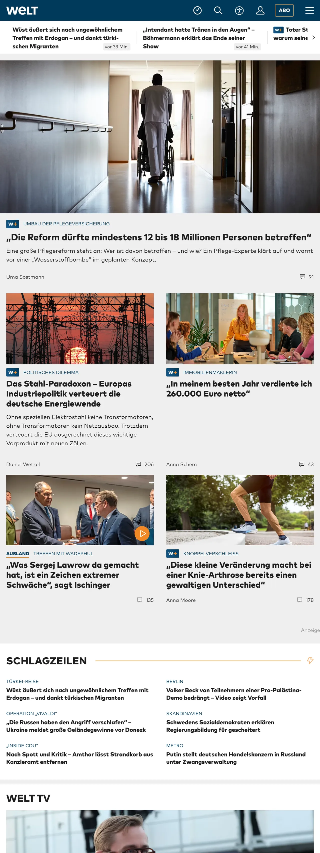Screenshot of the WELT front page