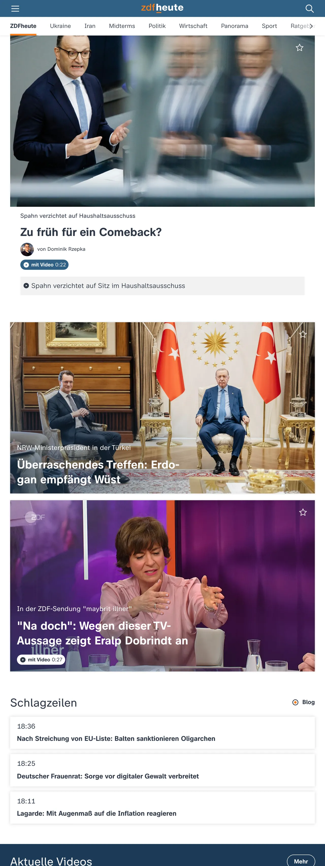 Screenshot of the ZDFheute front page