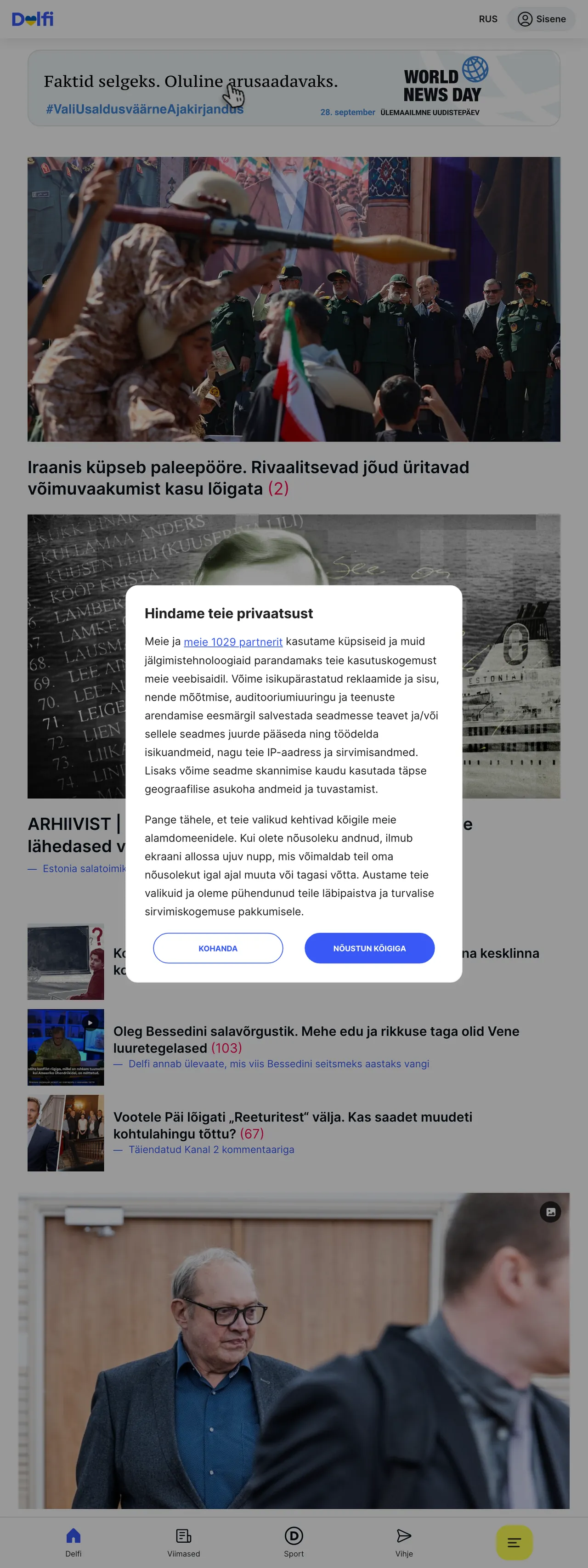 Screenshot of the Delfi front page