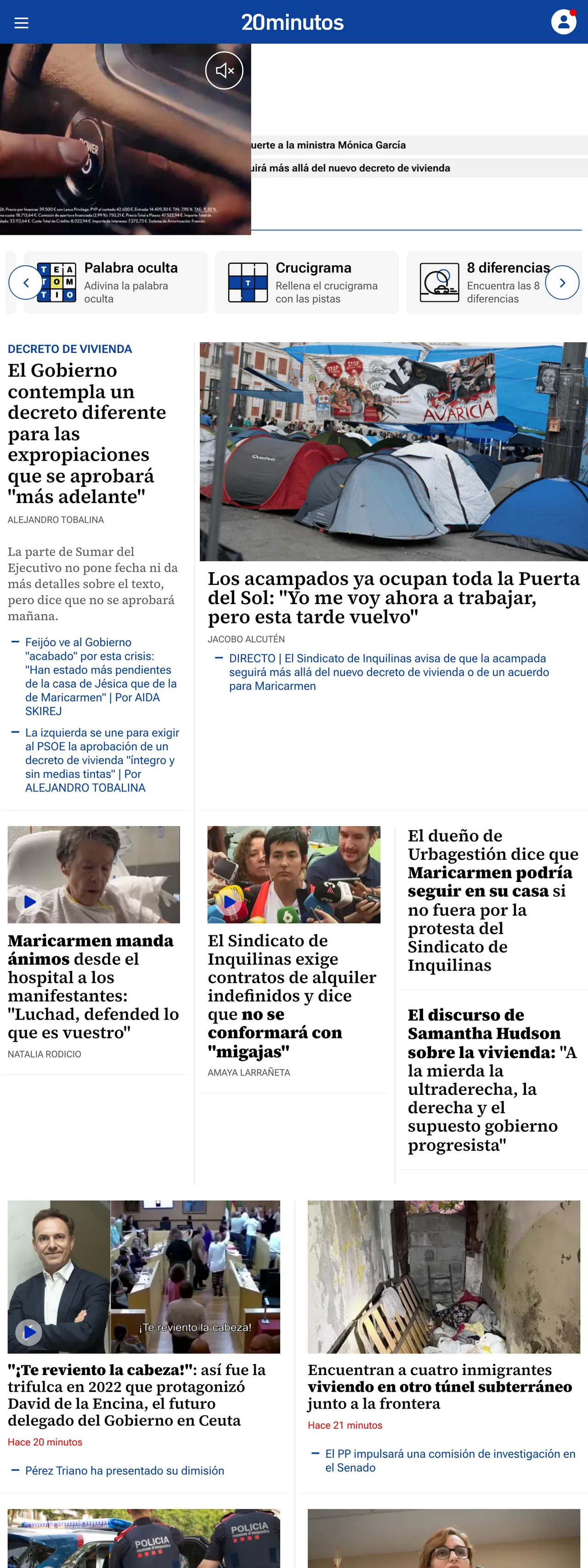 Screenshot of the 20minutos front page