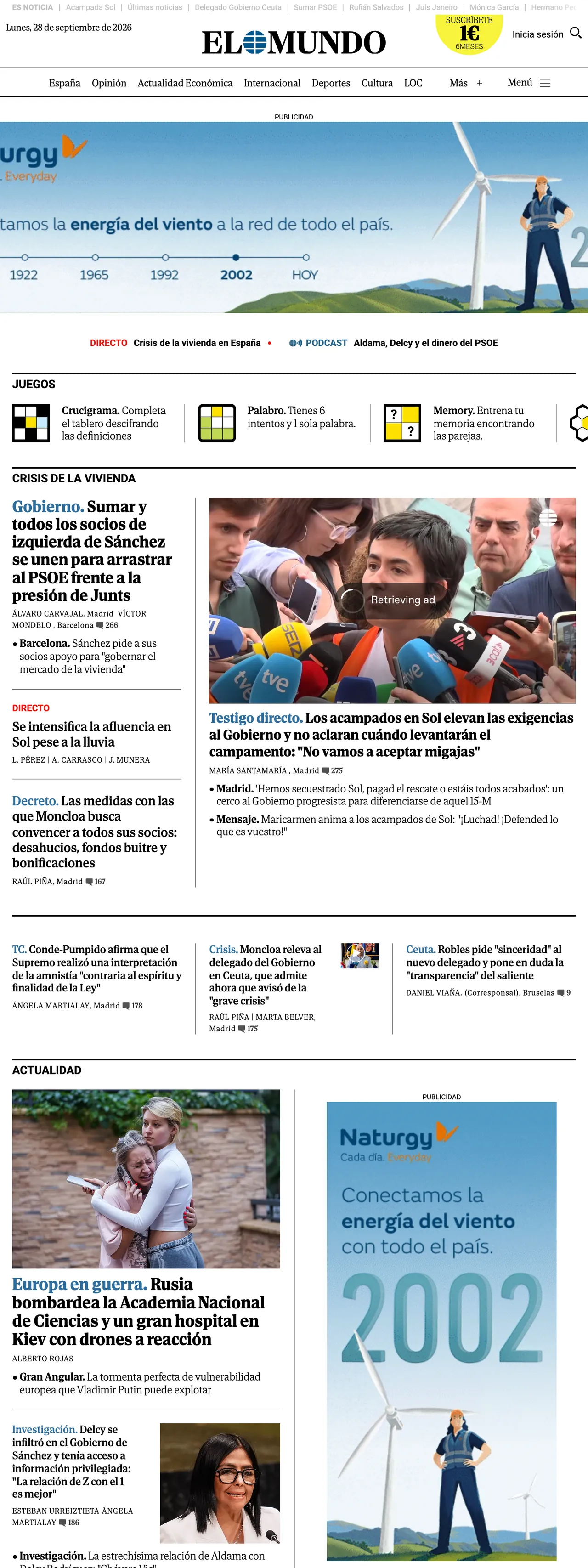 Screenshot of the El Mundo front page