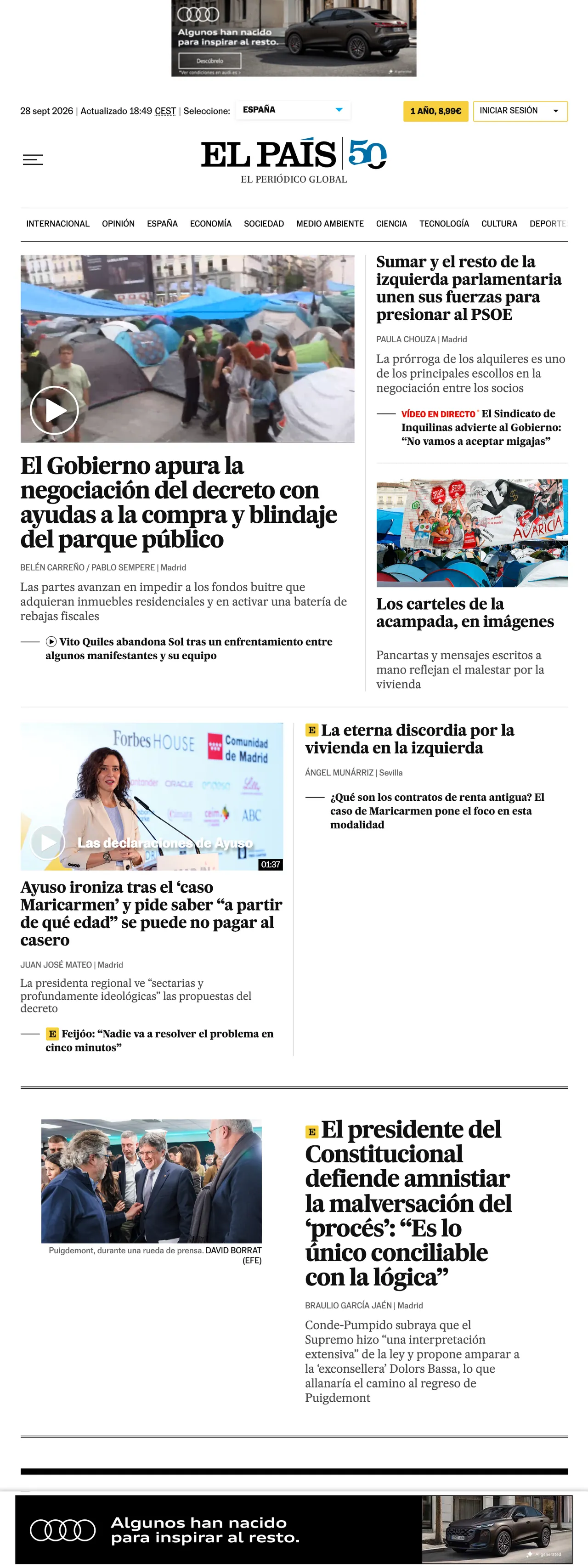 Screenshot of the EL PAÍS front page