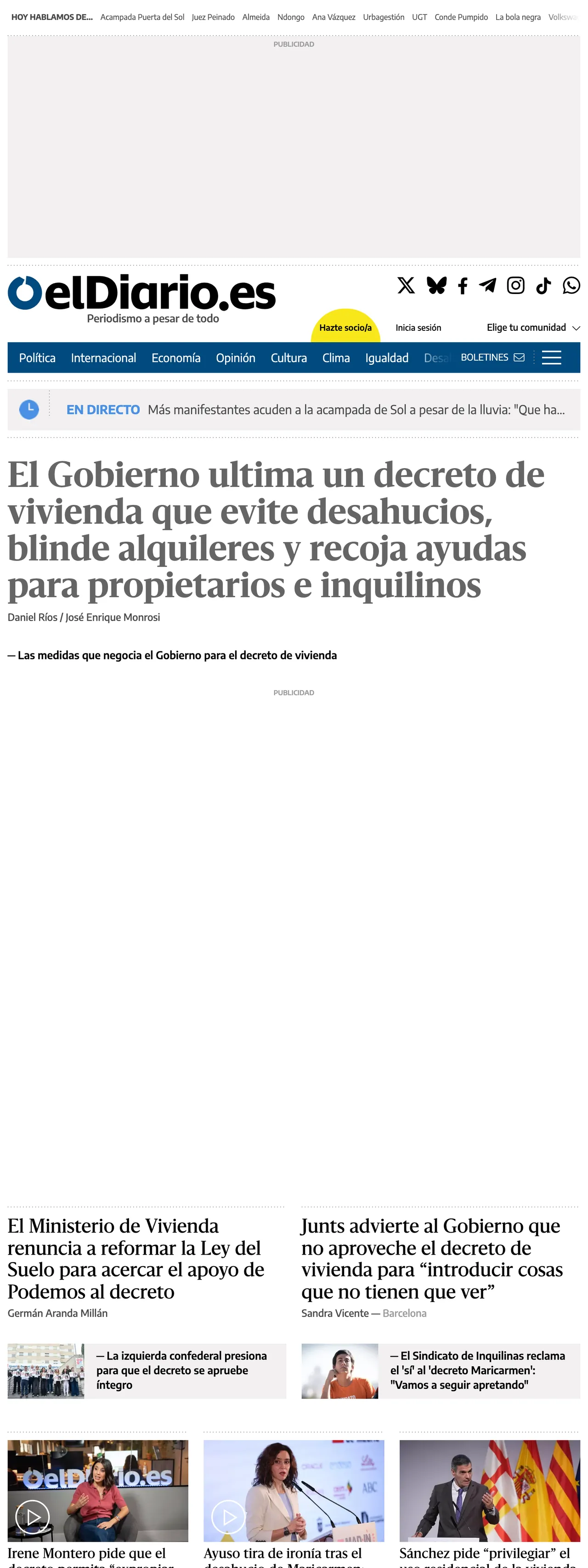 Screenshot of the elDiario.es front page