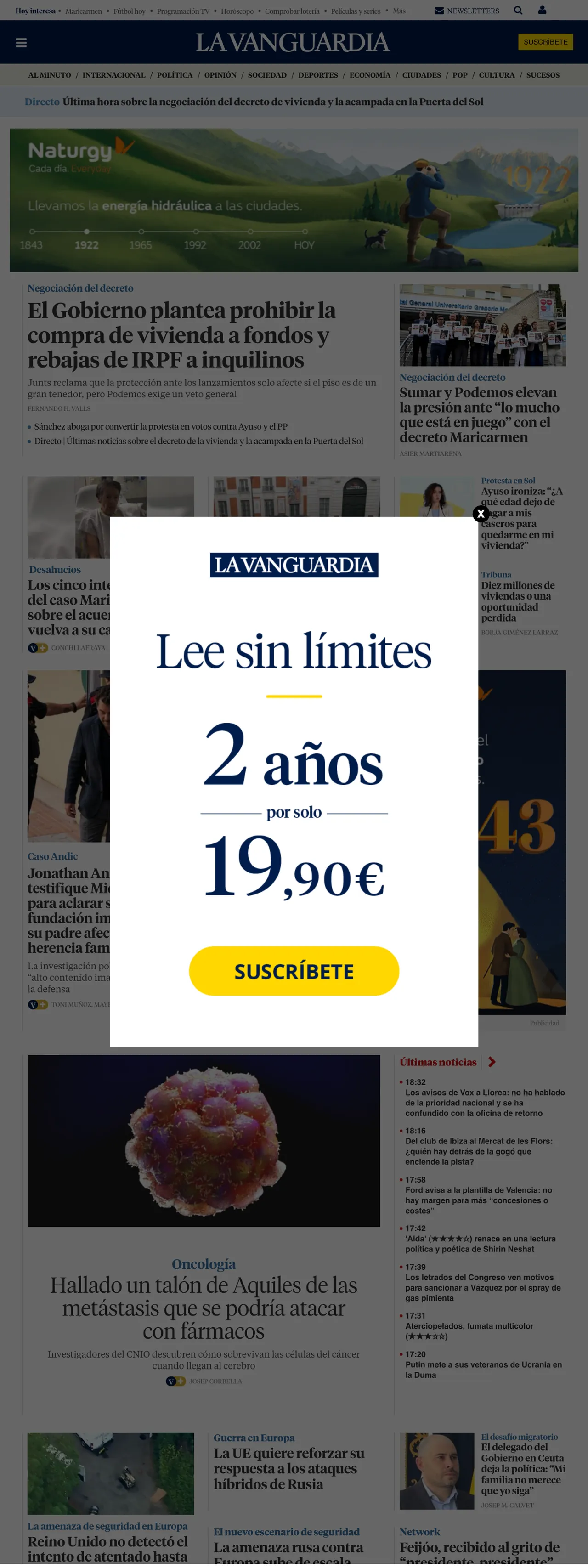 Screenshot of the La Vanguardia front page