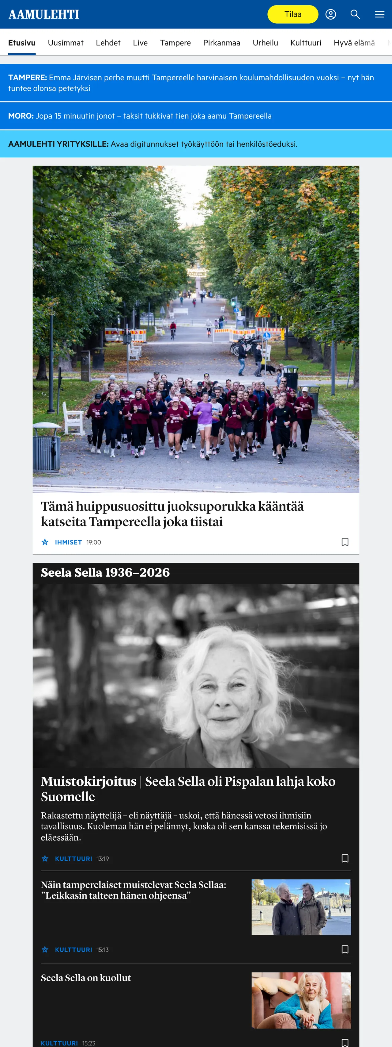 Screenshot of the Aamulehti front page