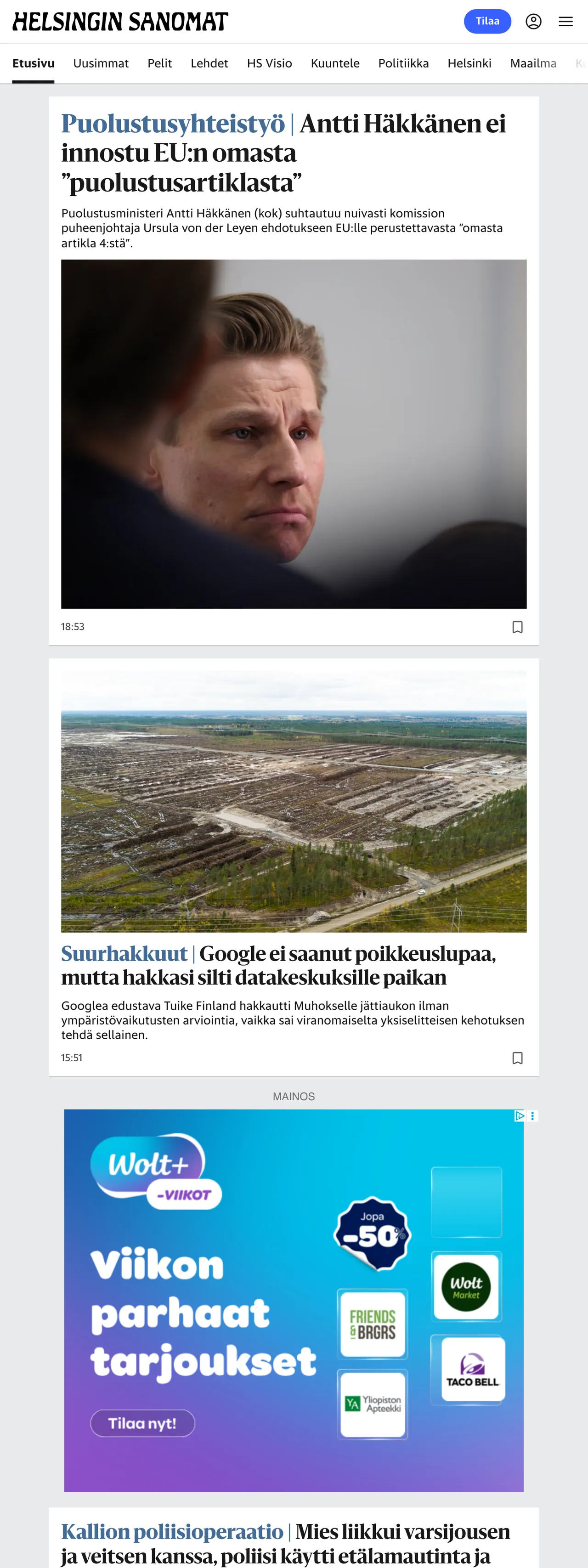 Screenshot of the Helsingin Sanomat front page