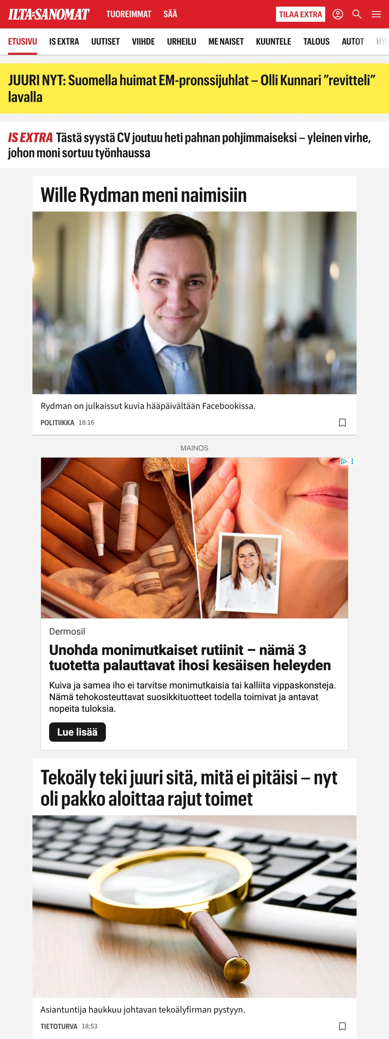 Screenshot of the Ilta-Sanomat front page