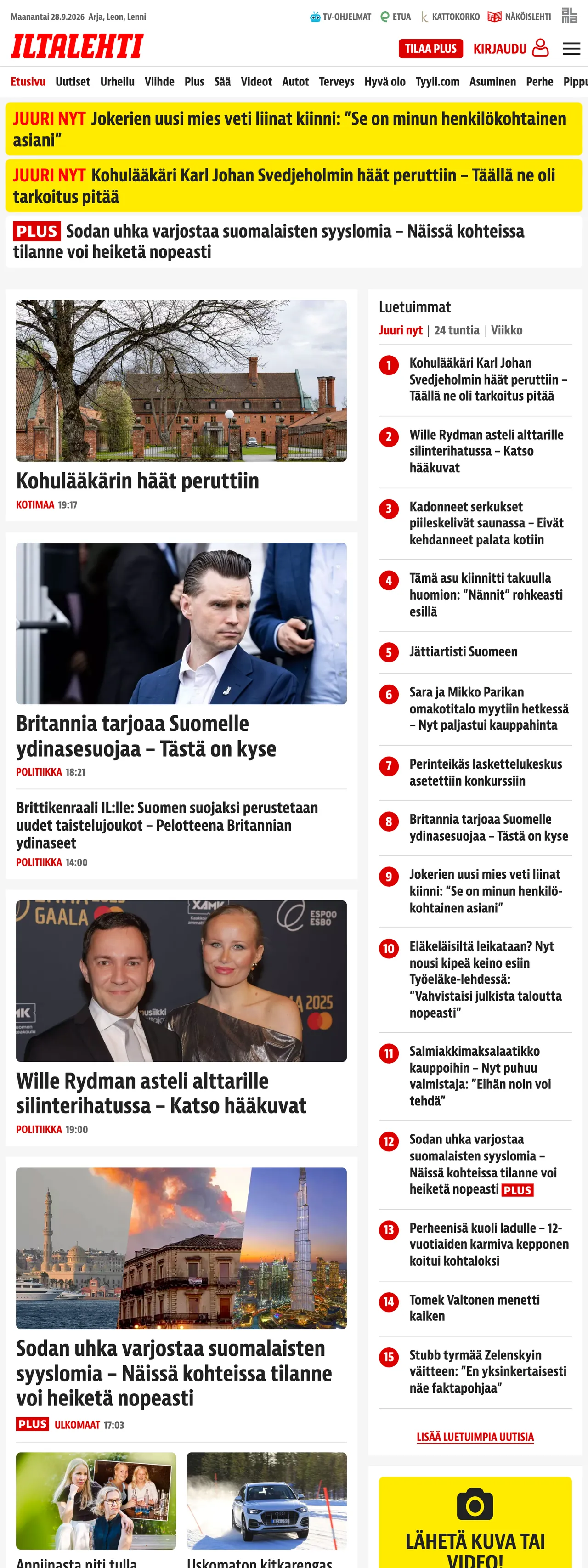 Screenshot of the Iltalehti front page