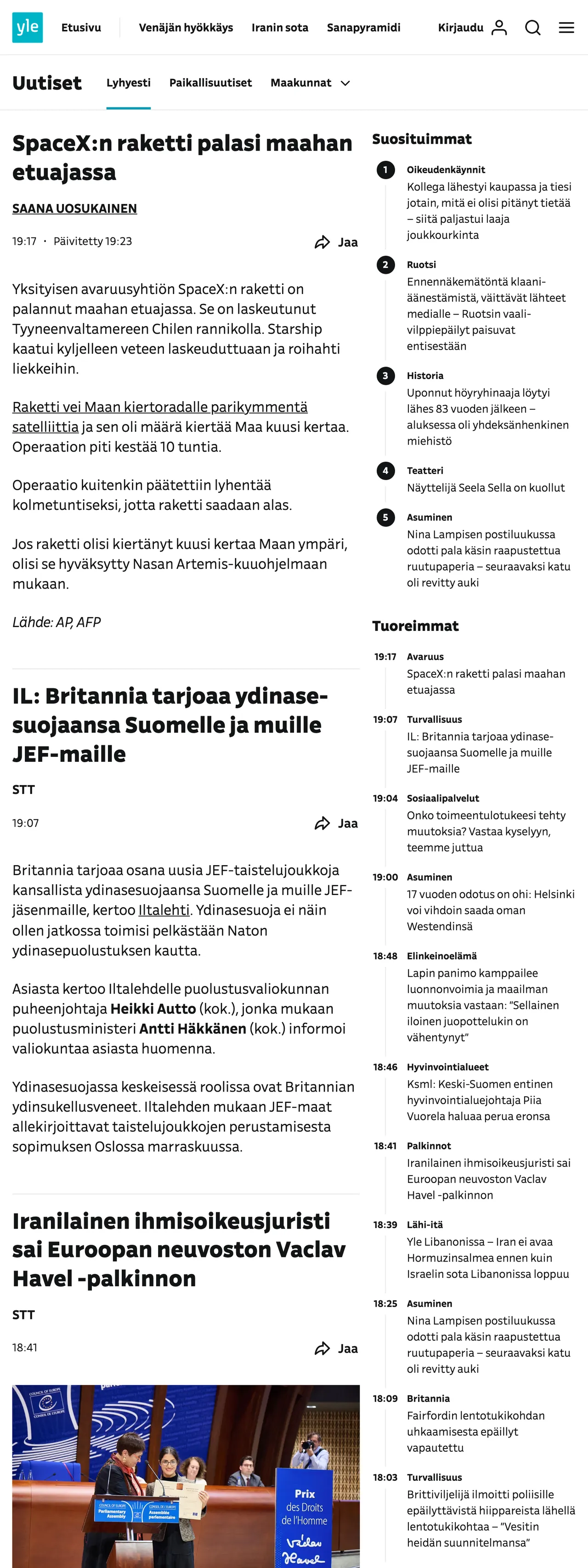 Screenshot of the Yle front page