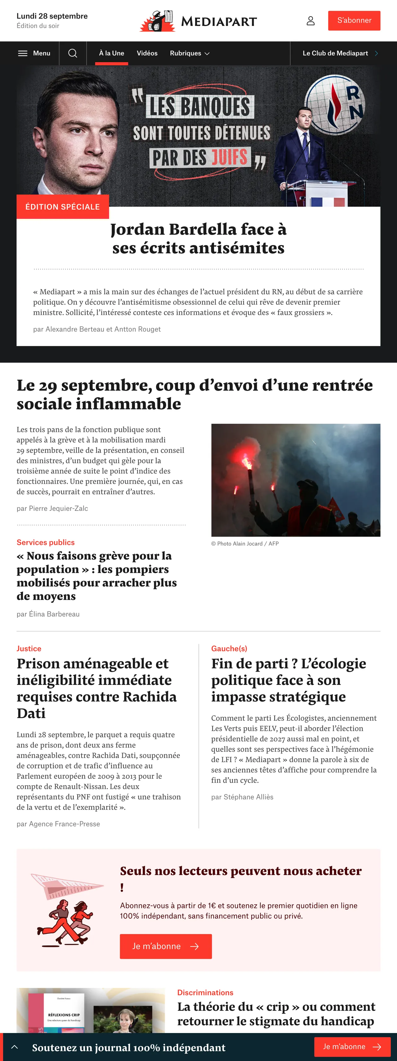 Screenshot of the Mediapart front page