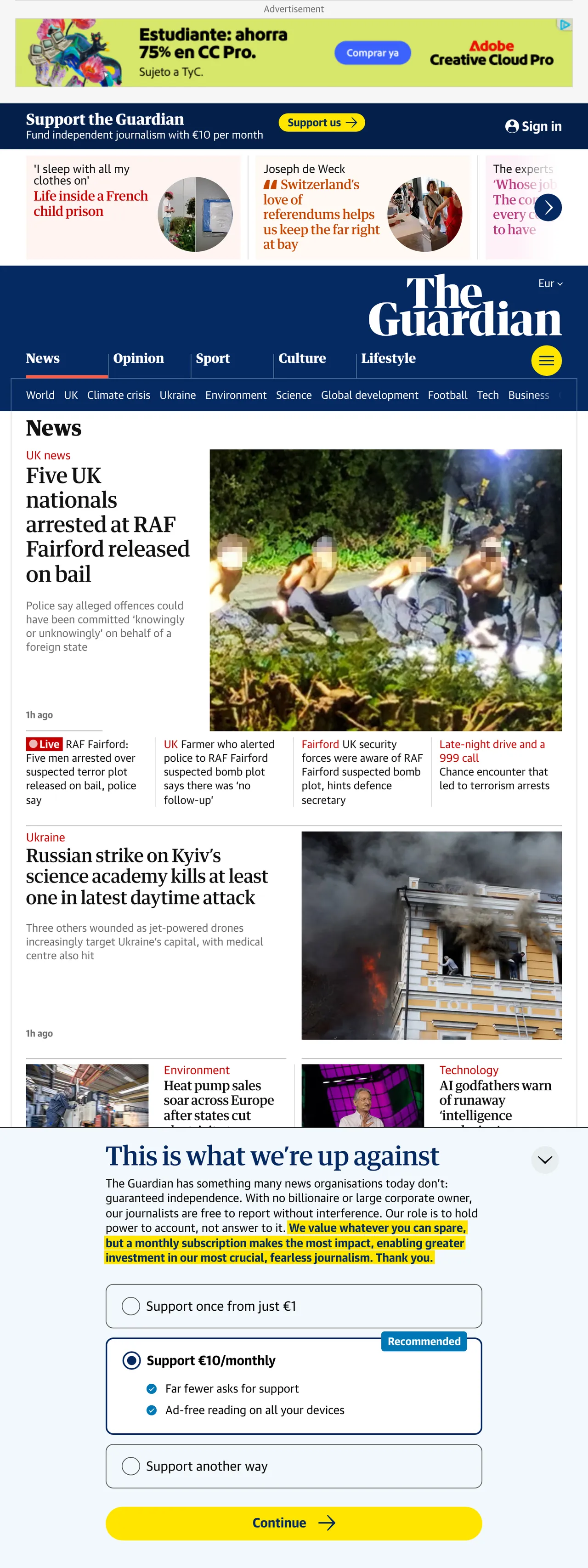 Screenshot of the The Guardian front page