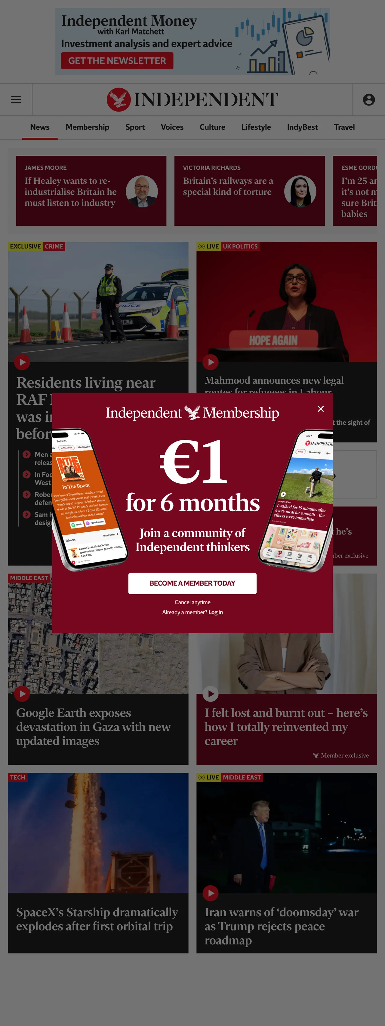 Screenshot of the The Independent front page