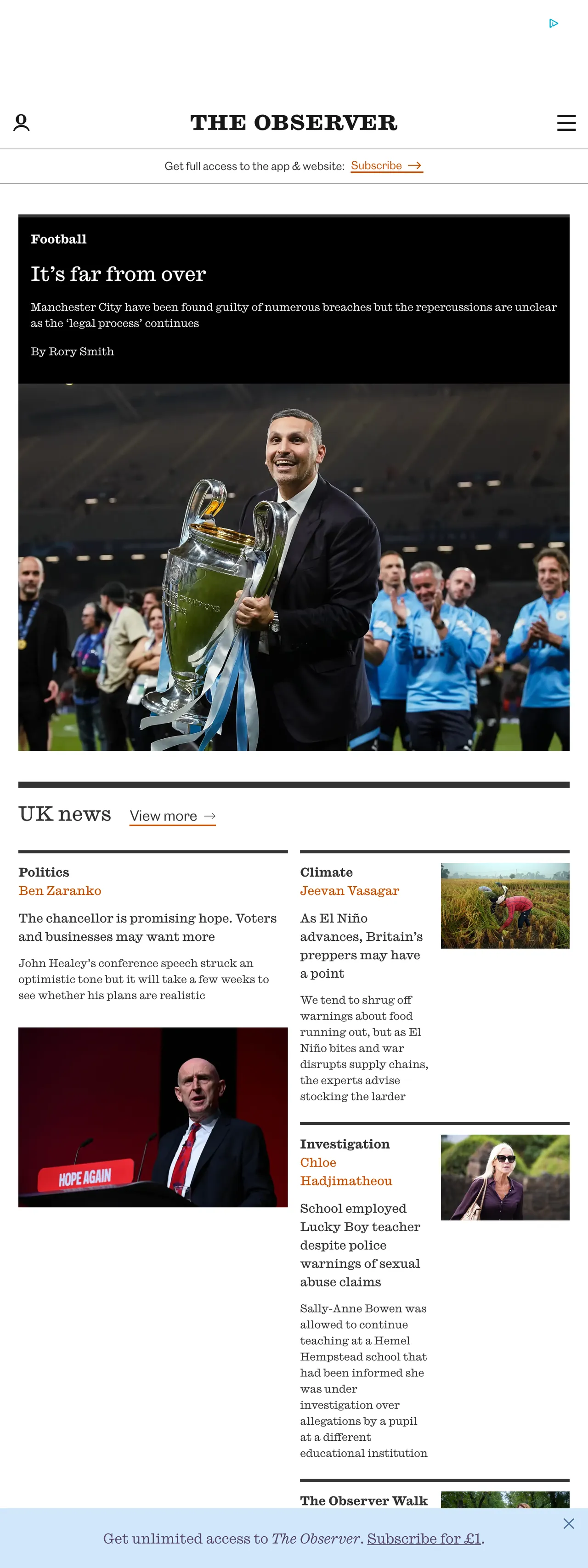 Screenshot of the The Observer front page